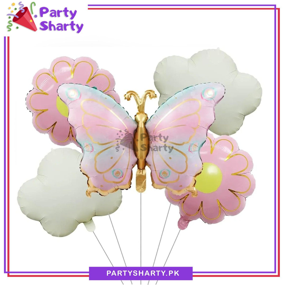 5pcs Pink Butterfly With Flowers & Clouds Foil Balloons Set For Theme Decoration