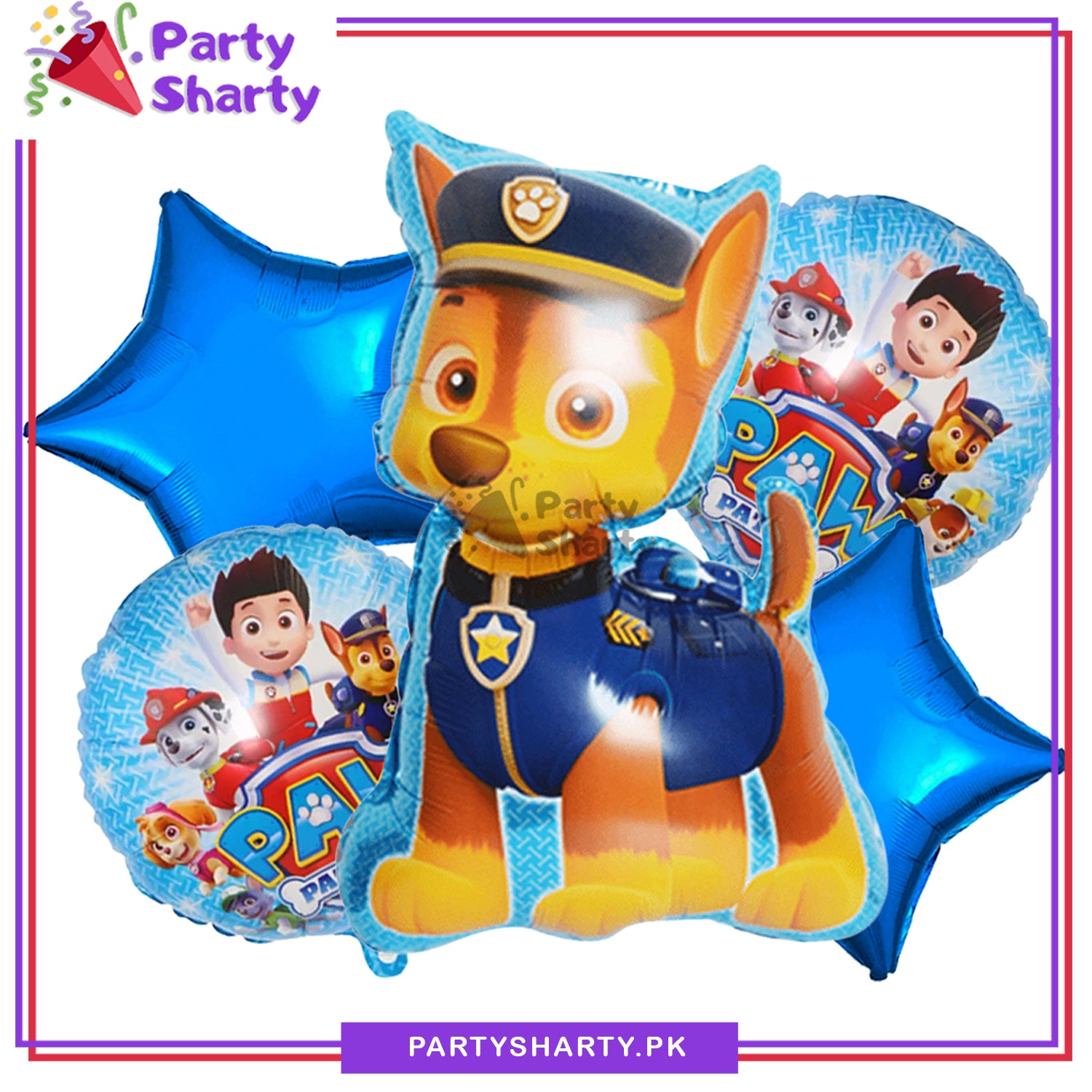 5pcs/Set Paw Patrol Chase Foil Balloons Set For Theme Based Birthday Decoration & Celebration