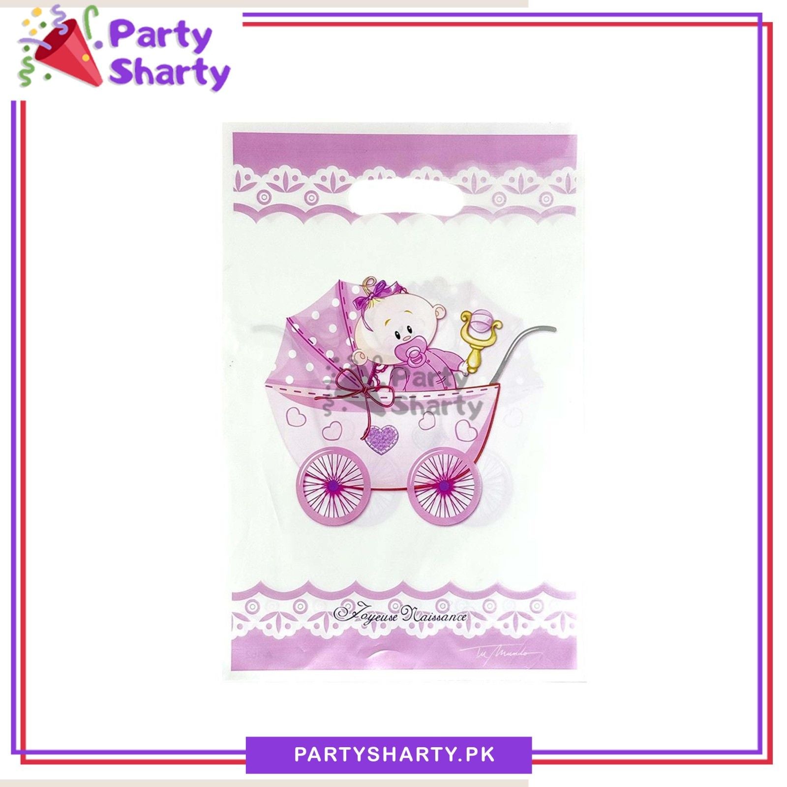 Pink Baby Cart Printed Goody Bag Pack Of 10 For Welcome Baby Theme Celebration
