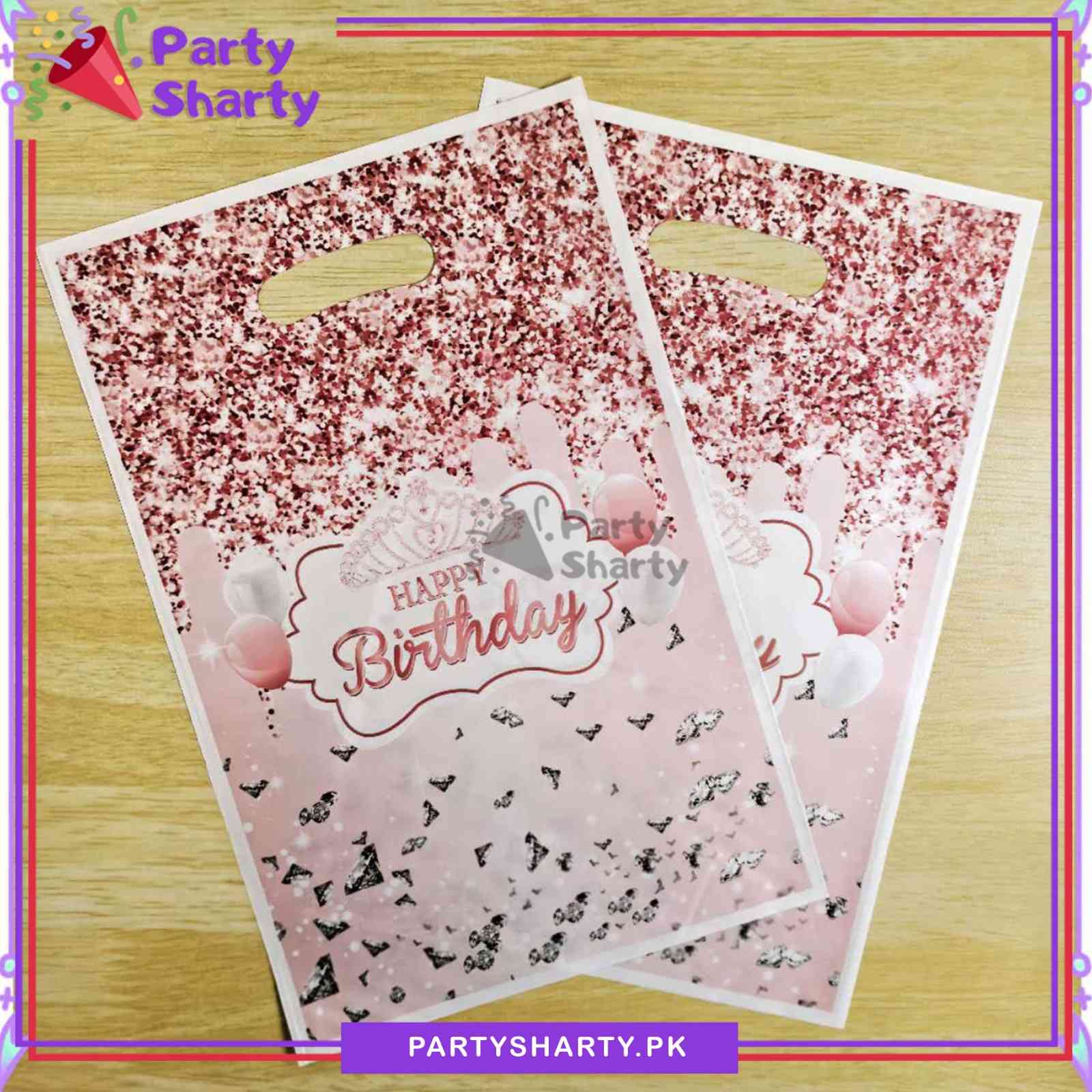 Pink Happy Birthday With Diamond Printed Goody Bags (Pack of 10) For Birthday Party Giveaways
