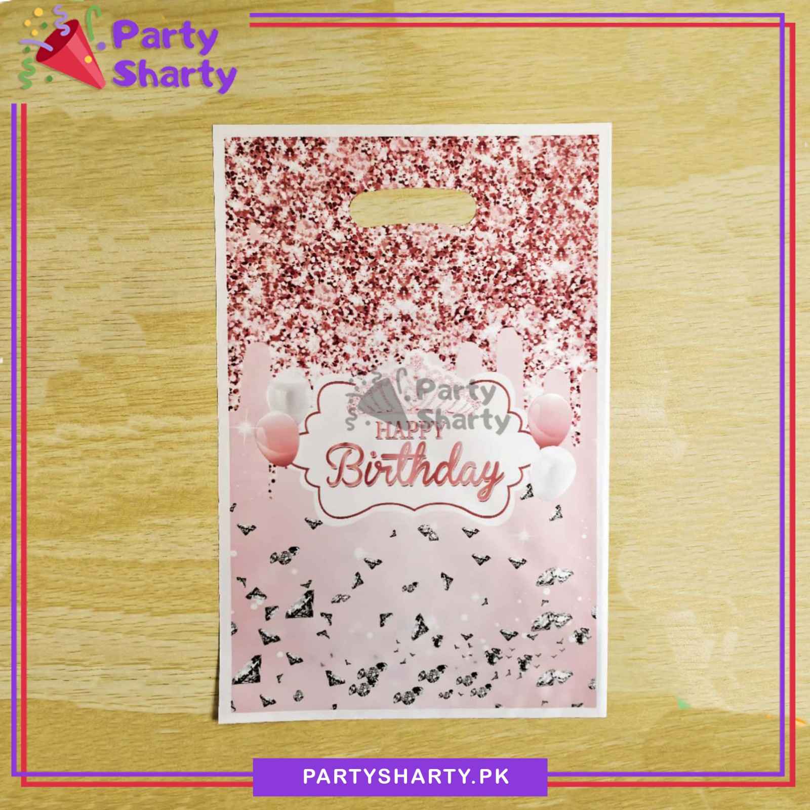 Pink Happy Birthday With Diamond Printed Goody Bags (Pack of 10) For Birthday Party Giveaways