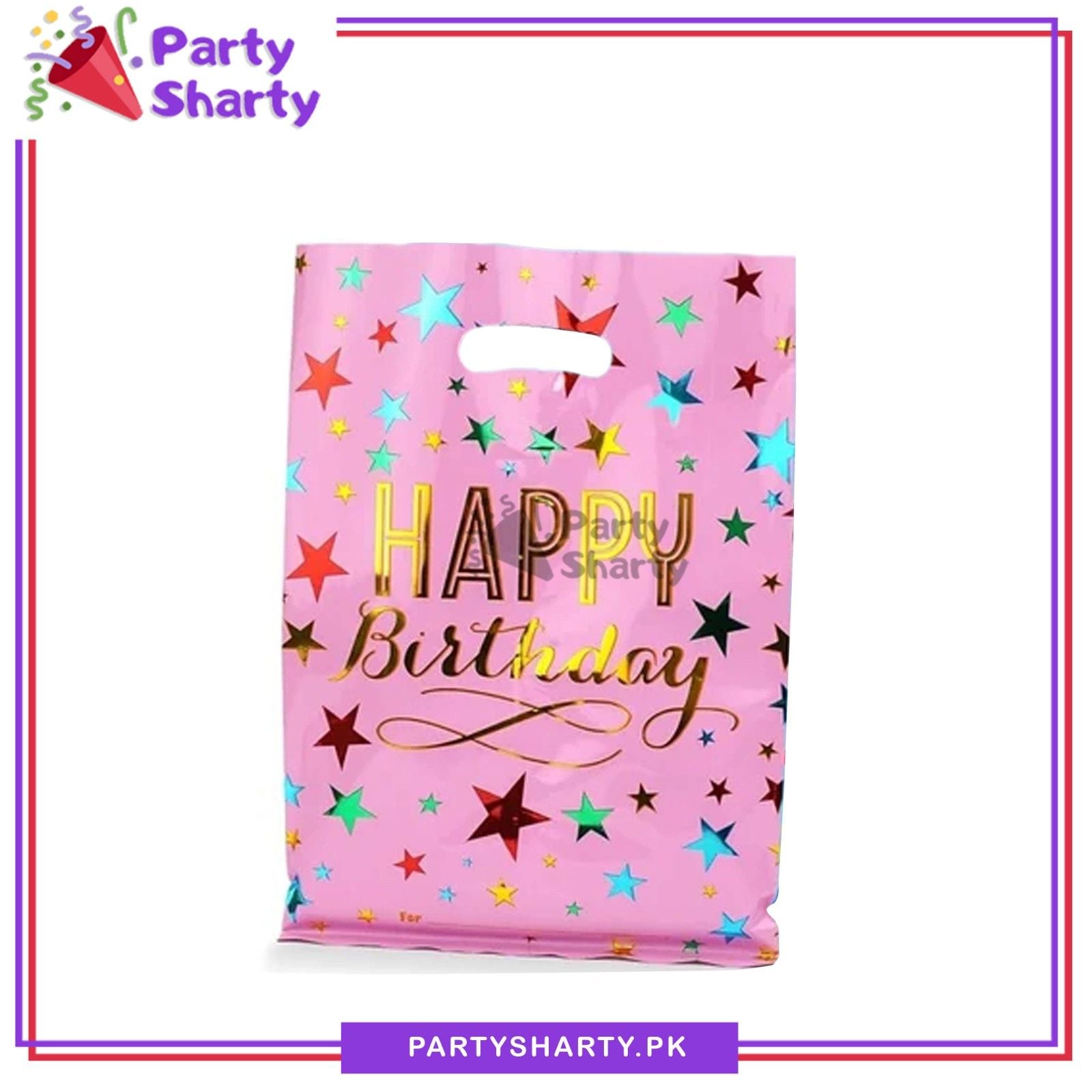 Pink Happy Birthday With Mini Stars Printed Goody Bags Pack of 10 For Birthday Party Giveaways
