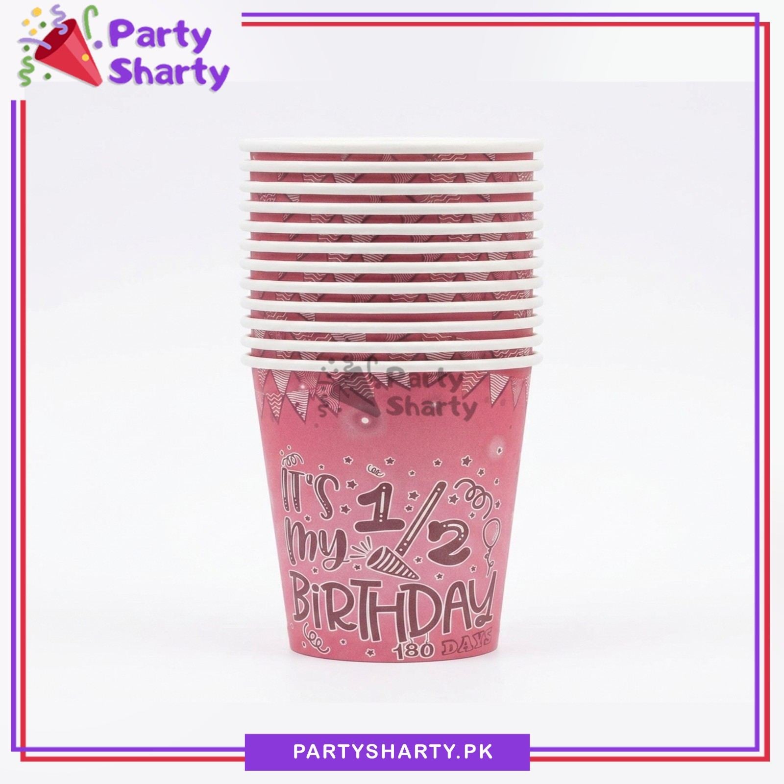 Pink Color Its My 1/2 Birthday Theme Paper Cups Pack Of 10 for Half Birthday Party Decoration