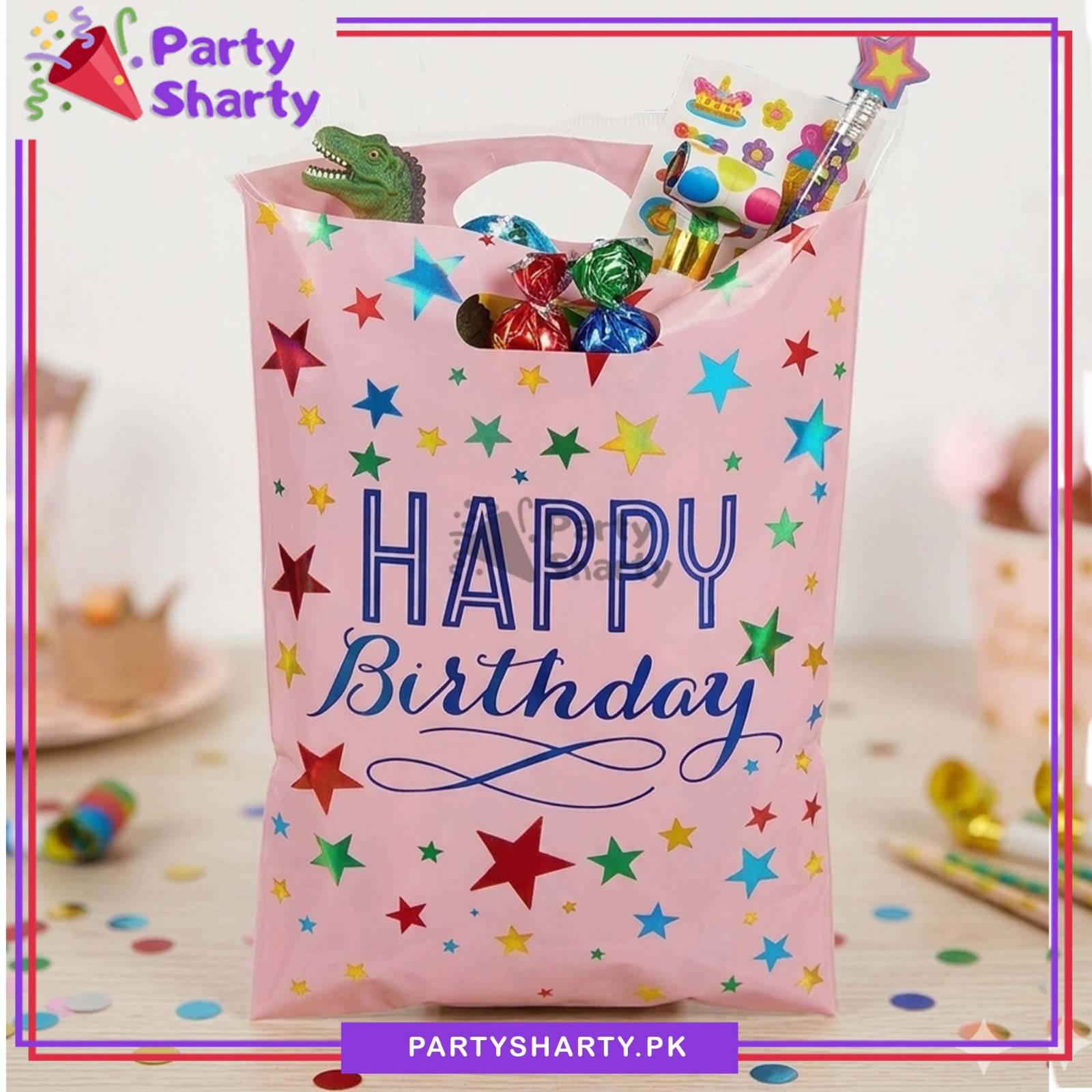 Pink Happy Birthday With Mini Stars Printed Goody Bags Pack of 10 For Birthday Party Giveaways