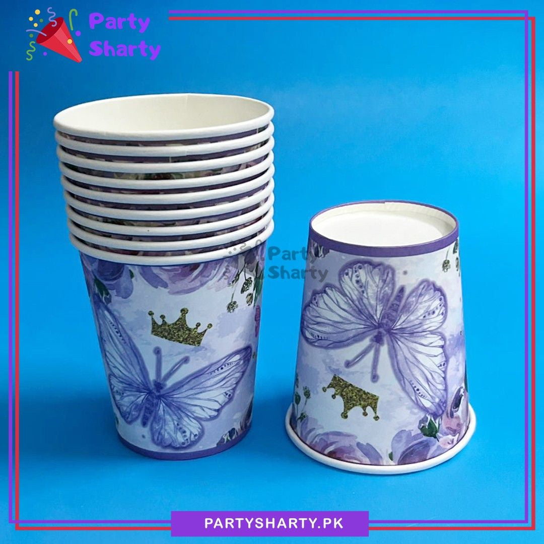 Purple Butterfly Printed Theme Paper Cups Pack of 10 for Butterfly Theme Party Decoration
