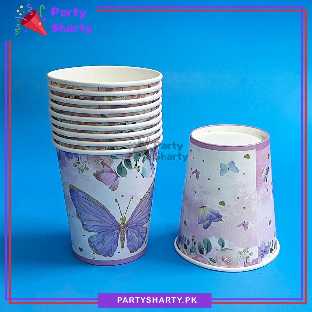 Purple Butterfly Printed Theme Paper Cups Pack of 10 for Butterfly Theme Party Decoration
