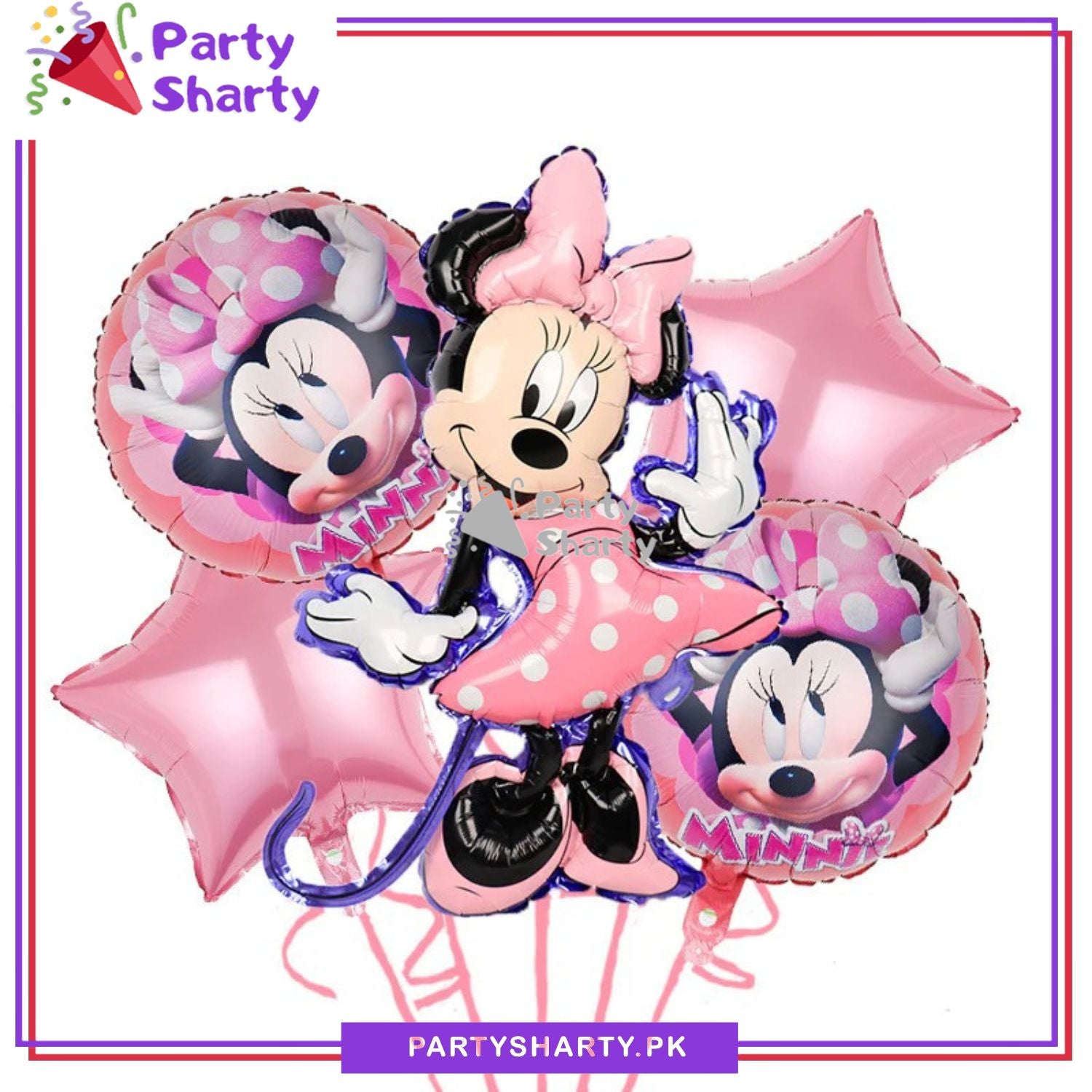 Pink Stylish Minnie Mouse Cartoon Foil Balloon Set - 5 Pieces For Birthday Party Decoration