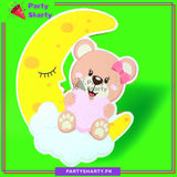 Pink Teddy bear on Sleeping Crescent Thermocol Standee For Teddy Bear Theme Based Birthday Celebration and Party Decoration