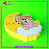 Pink Teddy bear on Sleeping Crescent Thermocol Standee For Teddy Bear Theme Based Birthday Celebration and Party Decoration
