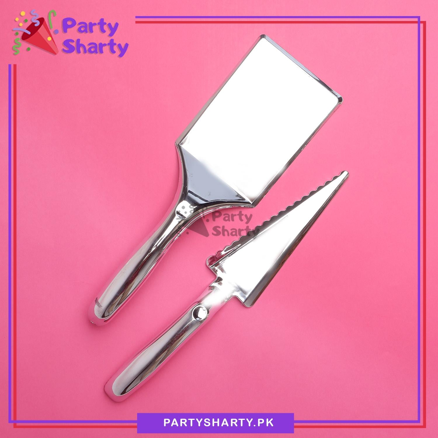 Silver Classic Heavy Duty Plastic Cake Server Set (Square and Triangle) For Birthday, Anniversary, Wedding Party Decoration and Celebration
