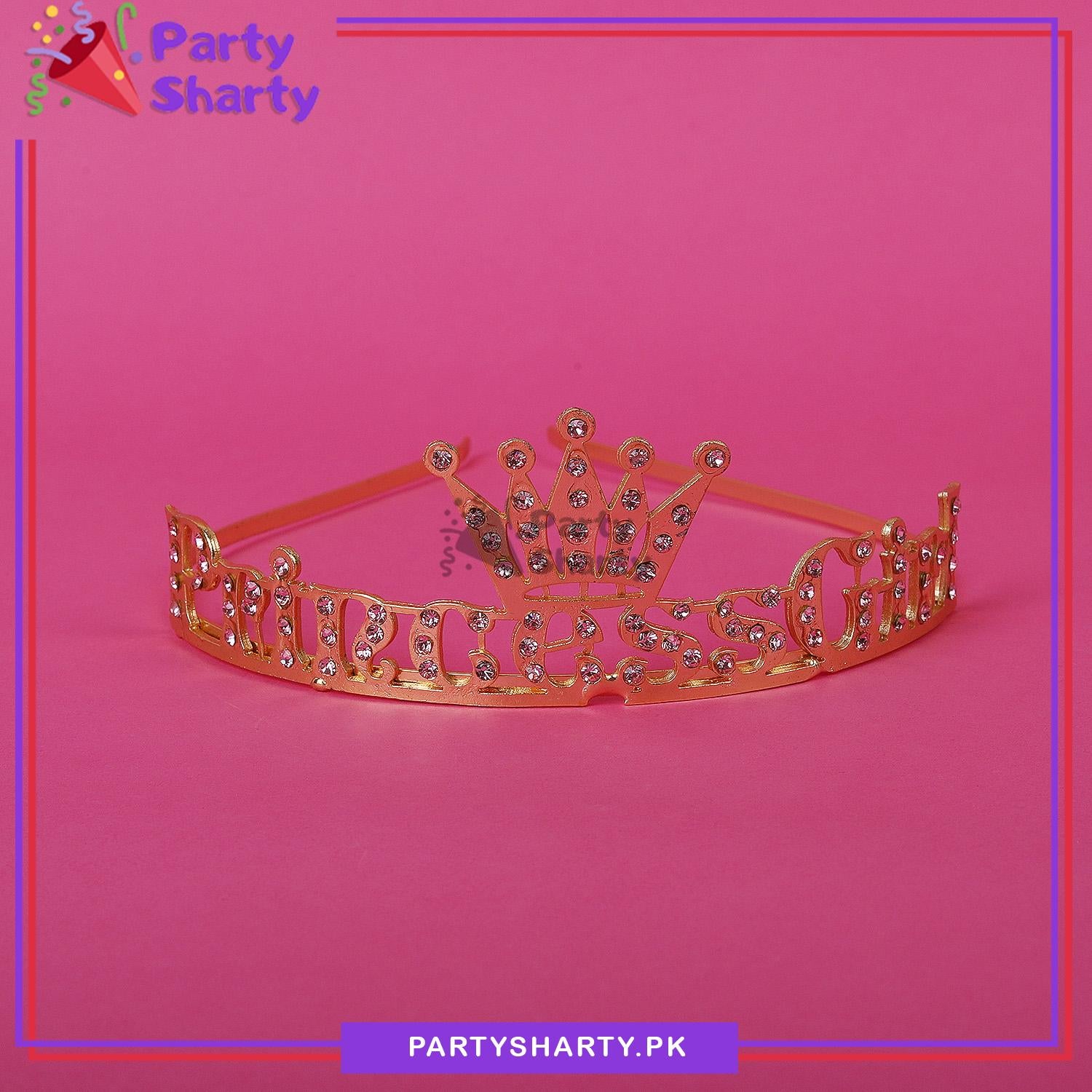 Pink Diamante Princess Girl Golden Metal Tiara For Birthday Party Event and Celebration
