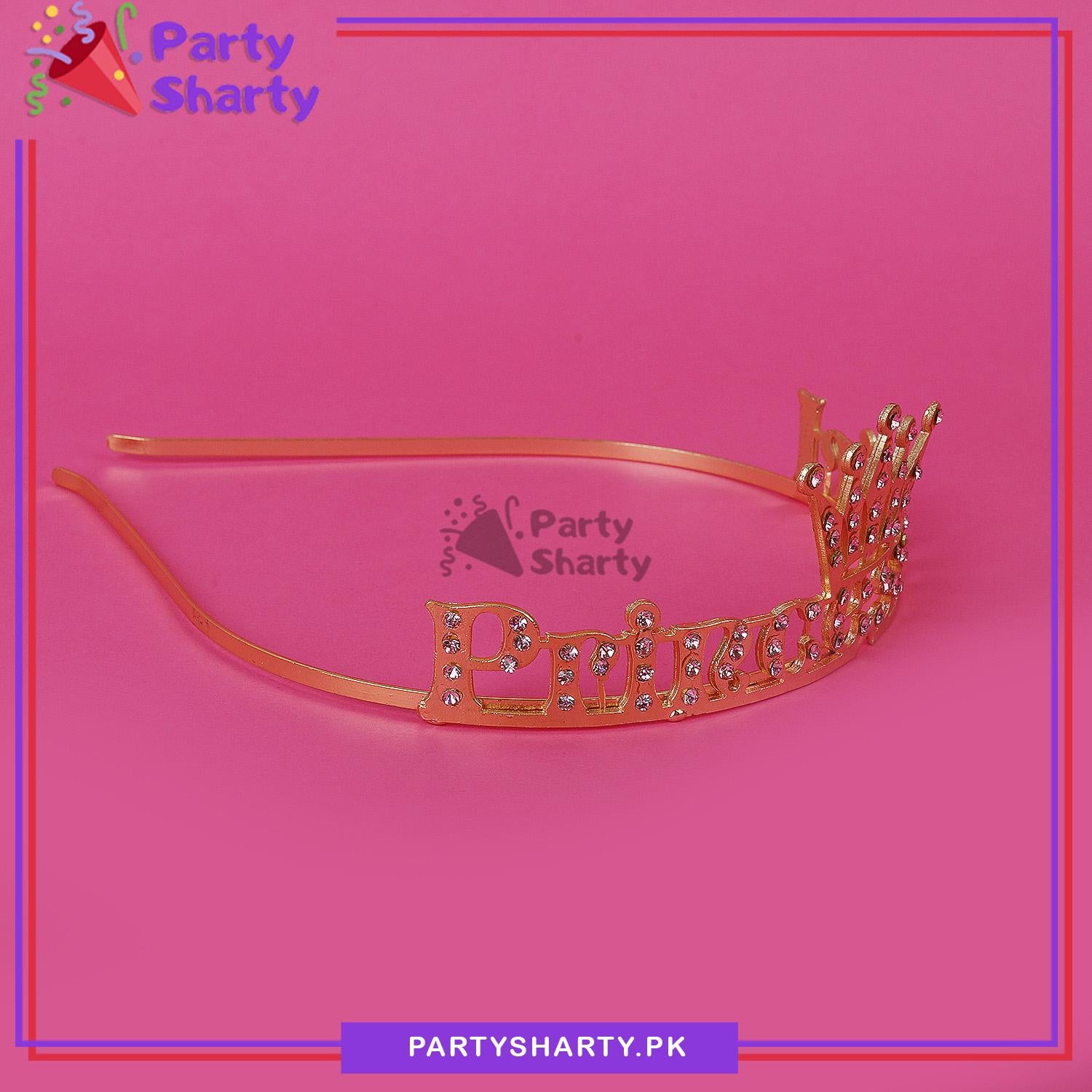 Pink Diamante Princess Girl Golden Metal Tiara For Birthday Party Event and Celebration