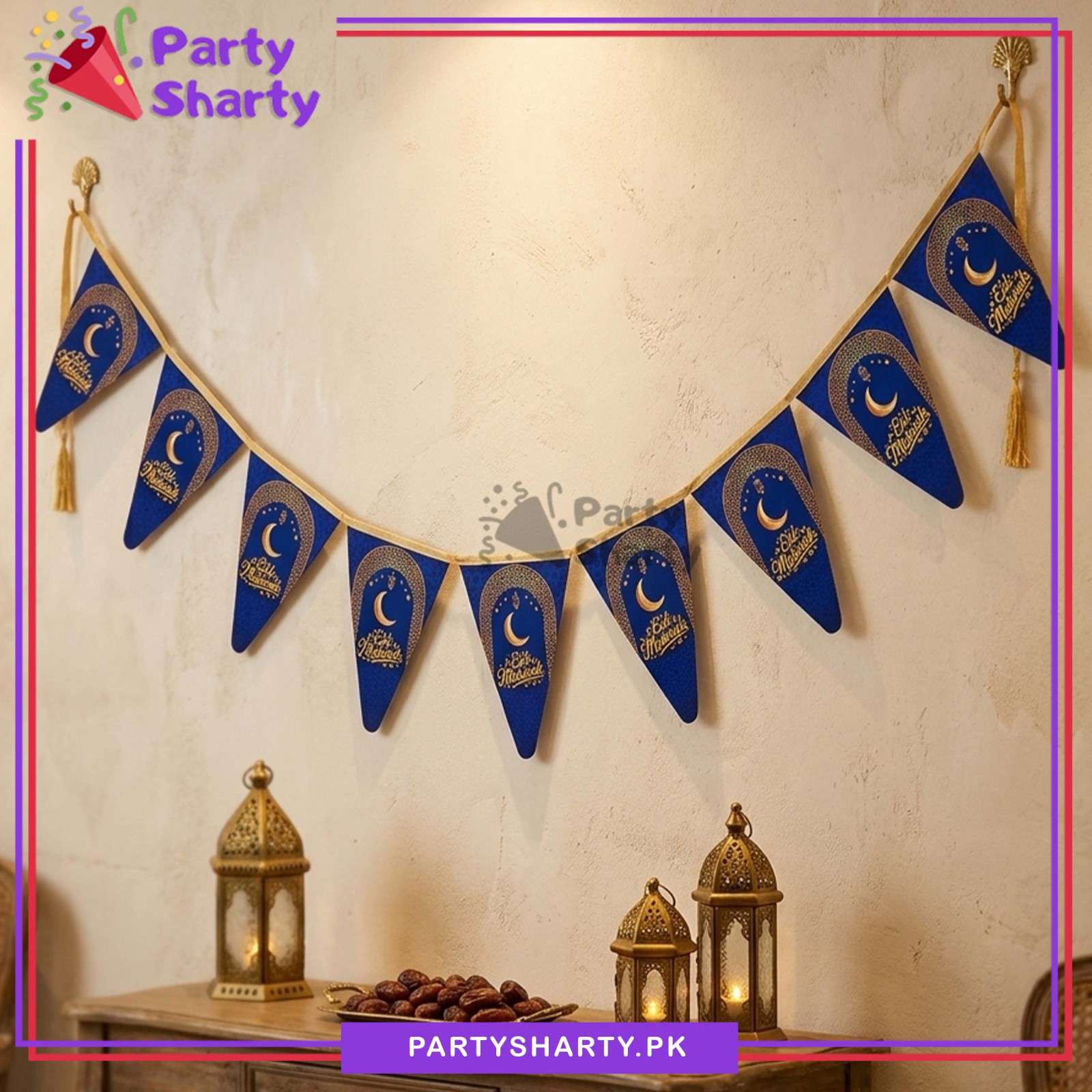 Royal Blue Moon, Lantern & Stars Printed Eid Mubarak Party Flags Pack of 10 For Eid Milan Party Theme Decoration