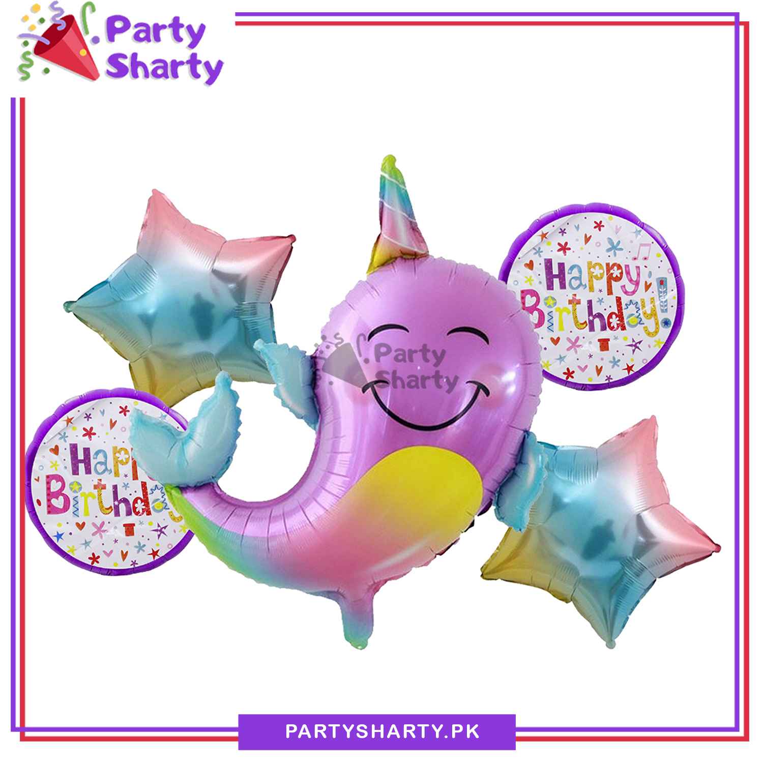 Purple Narwhal / Baby Whale Shaped Foil Balloon set of 5 For Under The Sea Theme Birthday Decoration and Celebrations