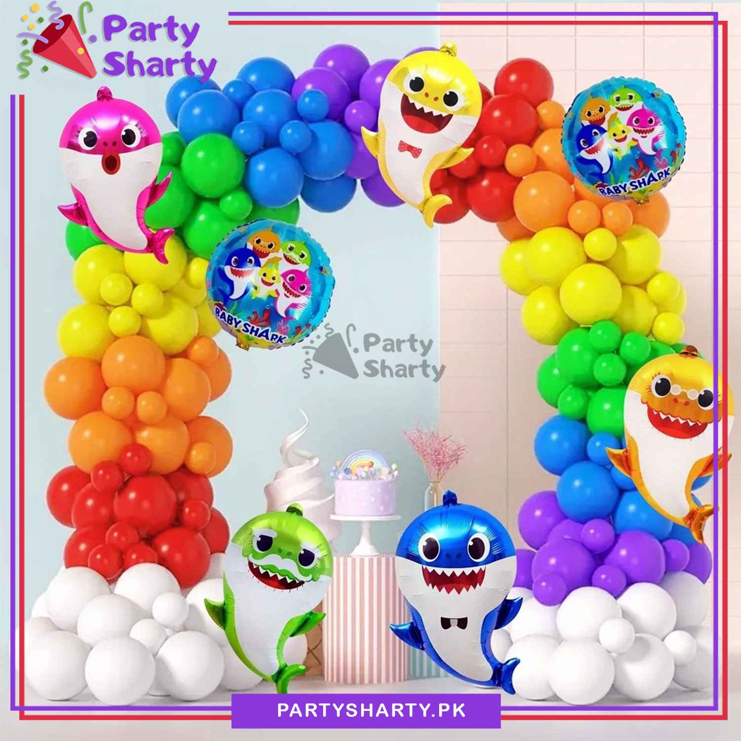Multi Color Rainbow Baby Shark Theme Set for Theme Based Birthday Decoration and Celebration