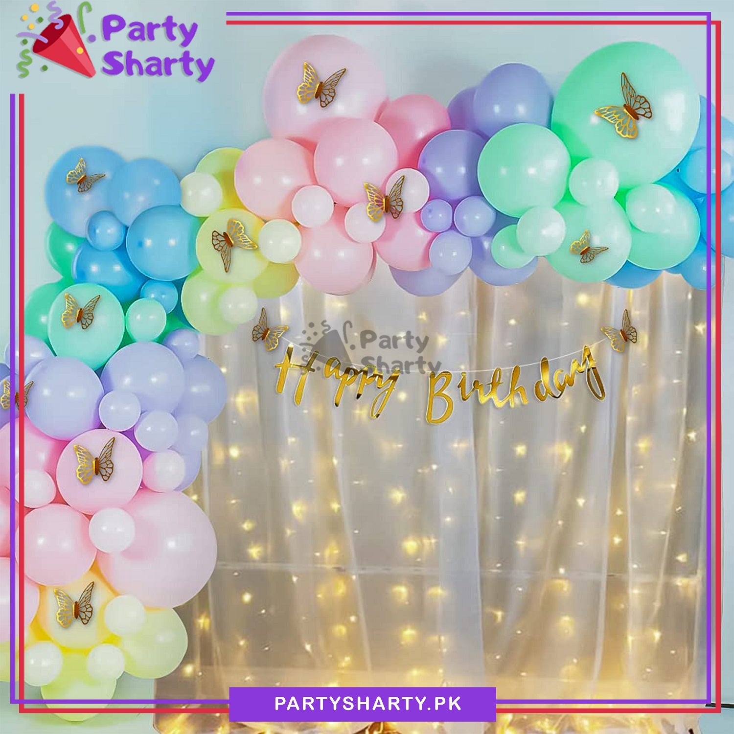 Happy Birthday Golden with Macron Multi Color Balloons Theme Set For Birthday Decoration and Celebrations