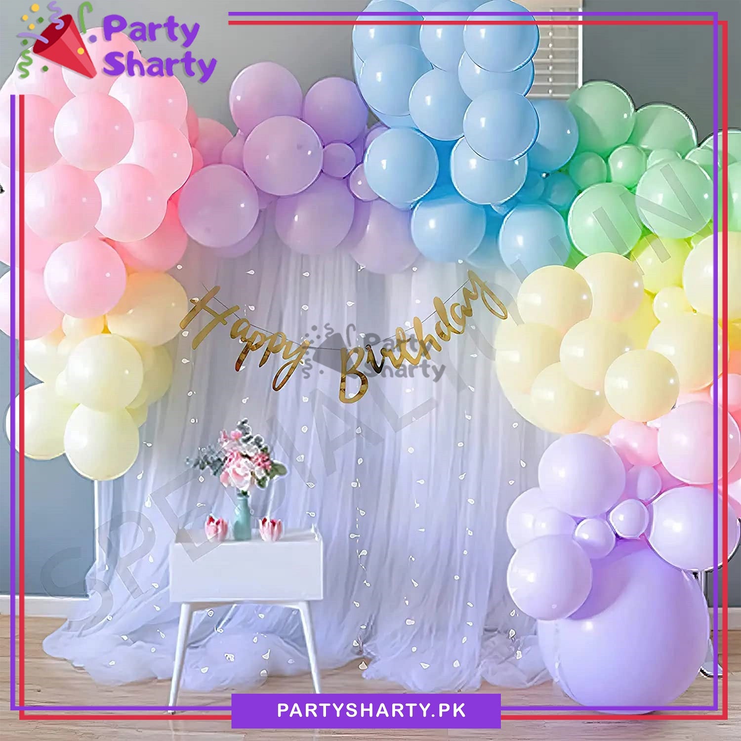 Happy Birthday Golden with Multi Color Balloon Garland Set For Party Event Decoration
