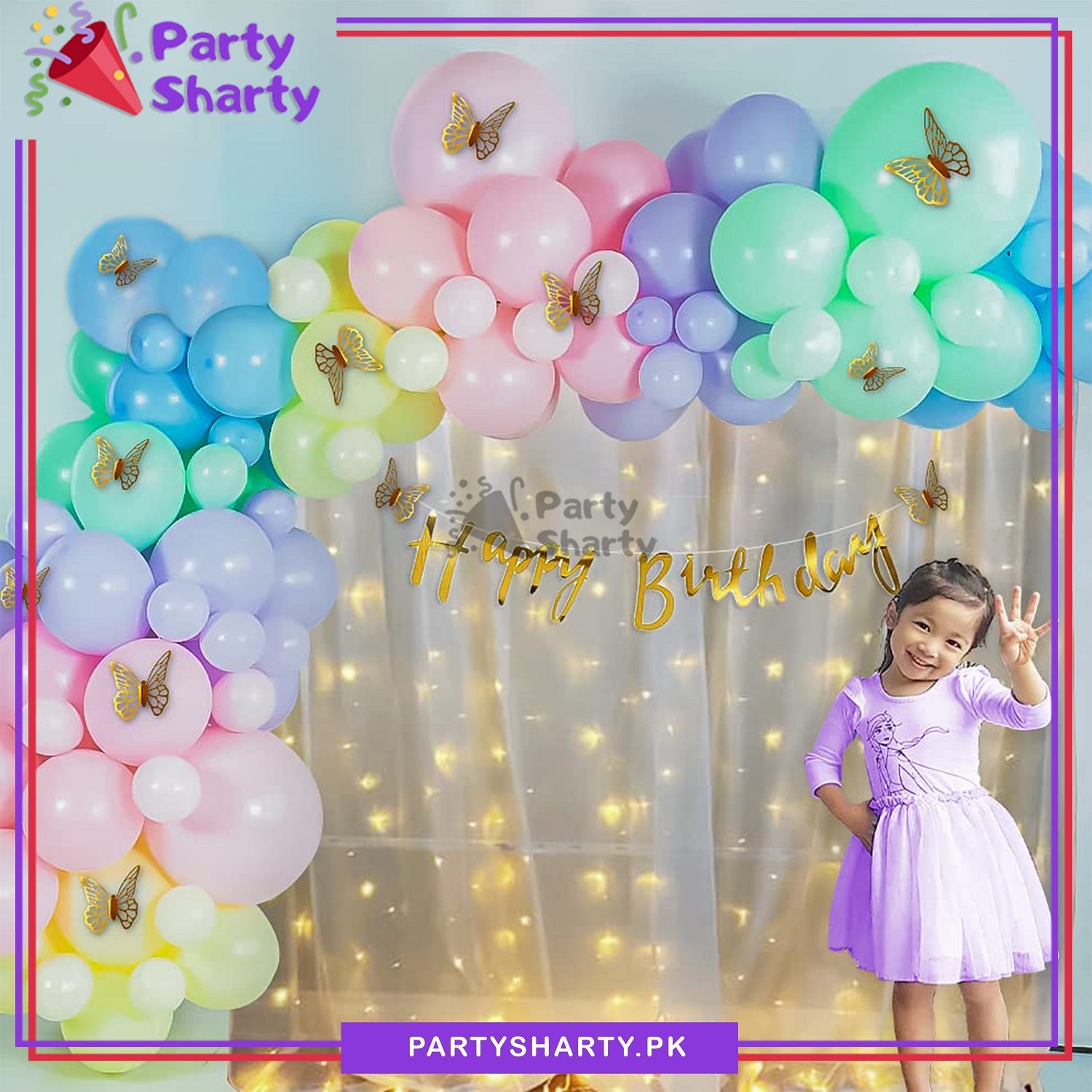 Happy Birthday Golden with Macron Multi Color Balloons Theme Set For Birthday Decoration and Celebrations