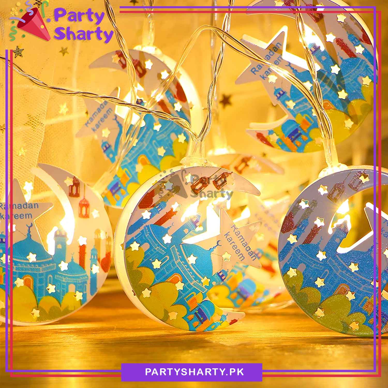 Ramadan Kareem Printed Crescent With Star Shaped Led Metal String Light For Ramadan Decoration And Celebration