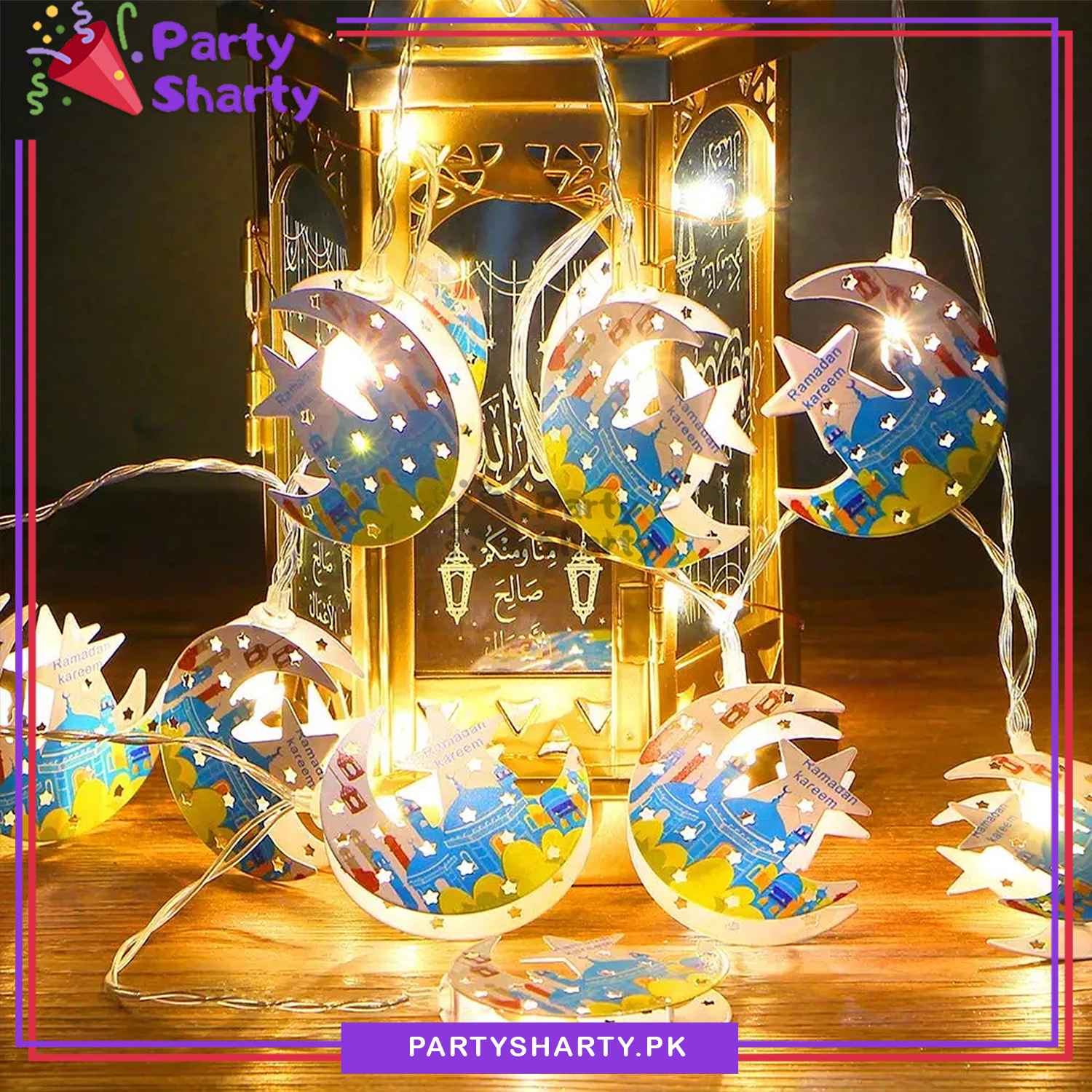 Ramadan Kareem Printed Crescent With Star Shaped Led Metal String Light For Ramadan Decoration And Celebration