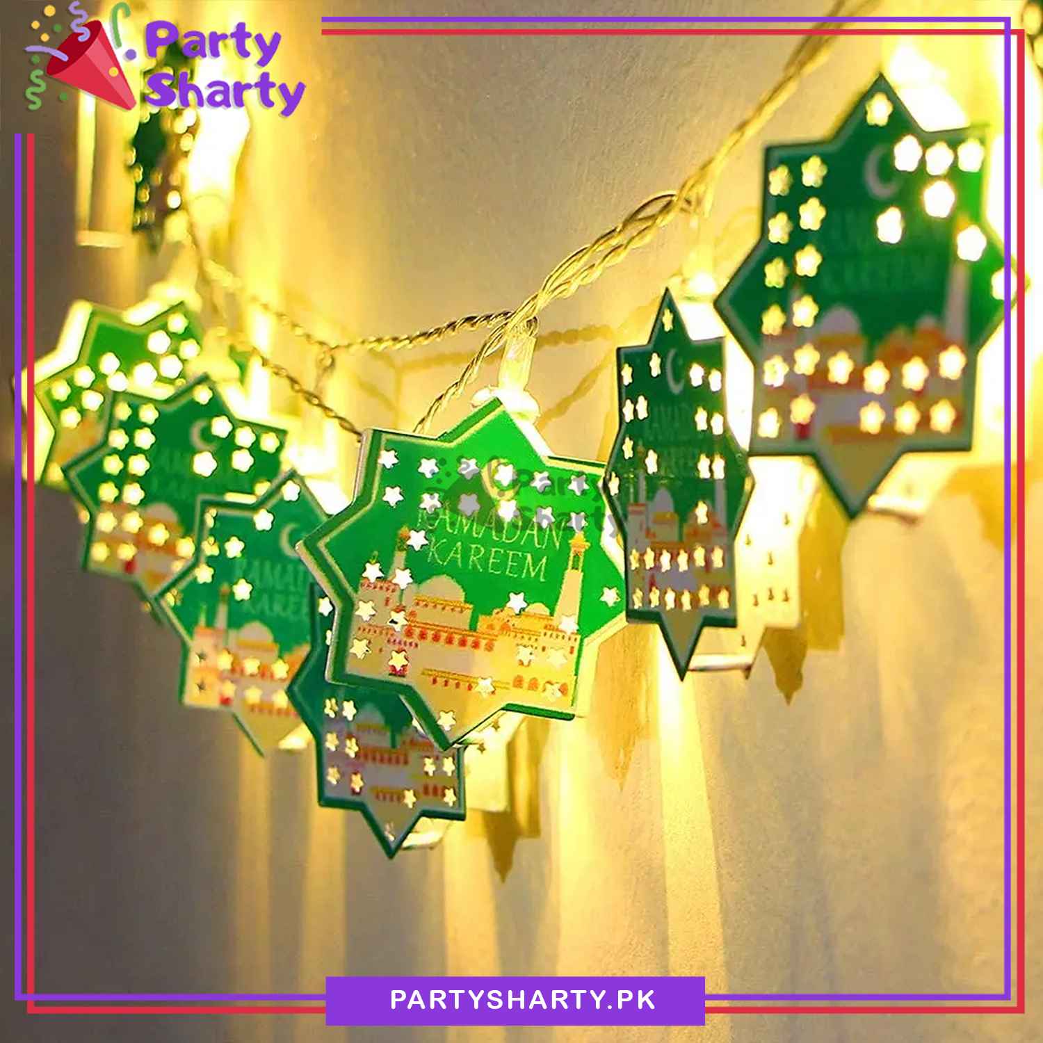 Green Color Ramadan Kareem With Masjid Printed Star Shaped Led Metal String Lights For Ramadan Iftar Party Celebration