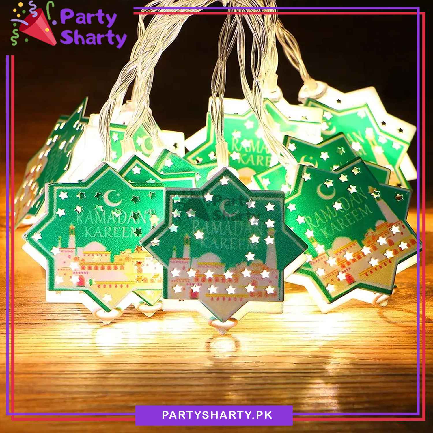 Green Color Ramadan Kareem With Masjid Printed Star Shaped Led Metal String Lights For Ramadan Iftar Party Celebration