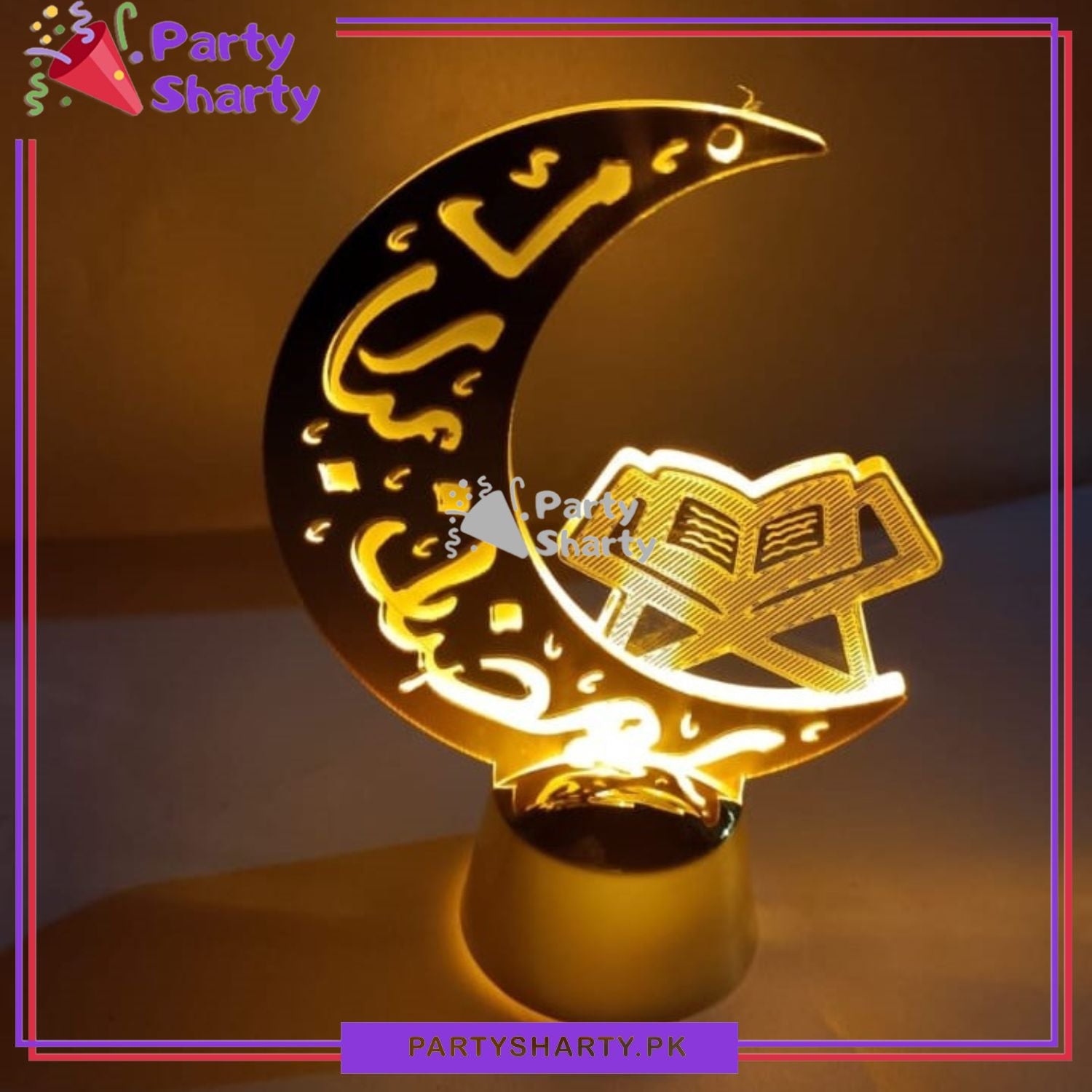 Ramadan Kareem Crescent Moon Gold Acrylic Finish with Holy Book Design LED Lamp Decorative Led Table Lamp For Ramadan Decorations