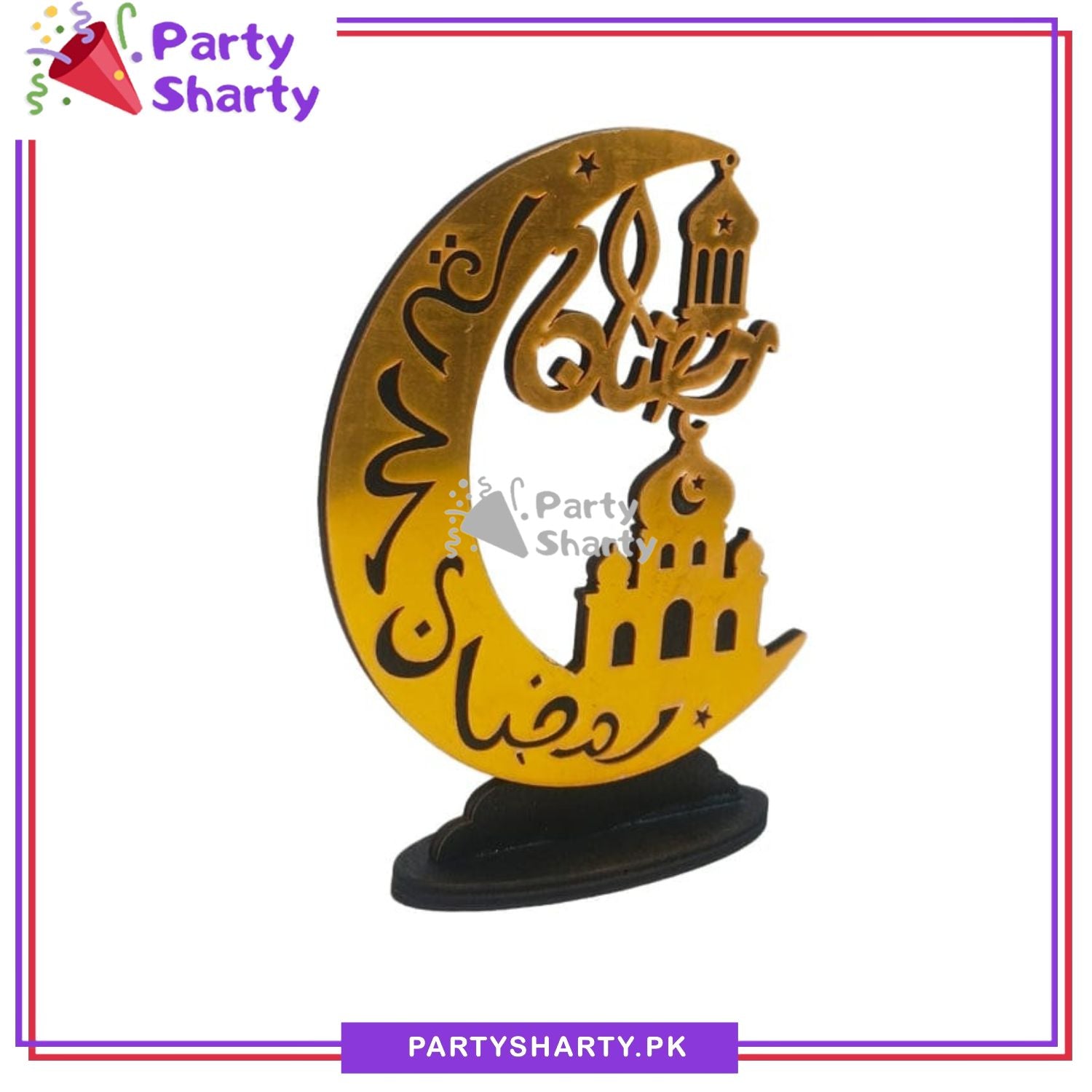 7inches Ramadan Kareem Crescent Moon Shaped Wooden with Acrylic Finish Design Standee For Ramadan Mubarak Decoration and Celebrations