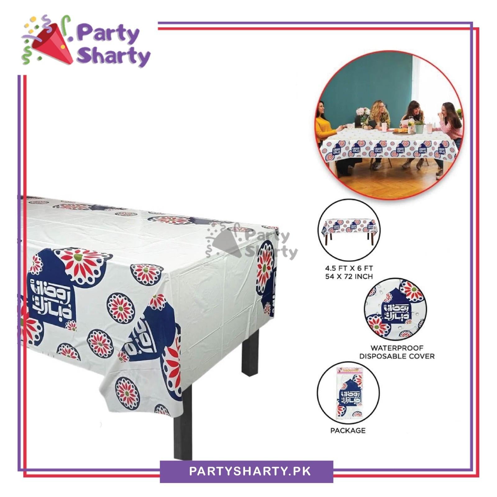 Ramadan Mubarak White & Dark Blue Theme Plastic Table Cover for Ramadan Decoration