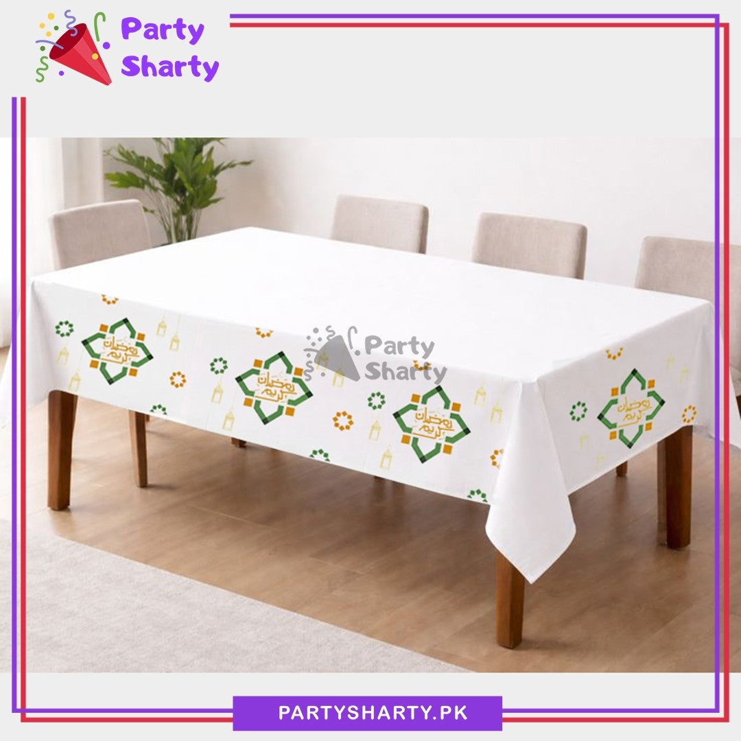 Ramadan Kareem White, Green & Golden Color Theme Plastic Table Cover for Ramadan Decoration