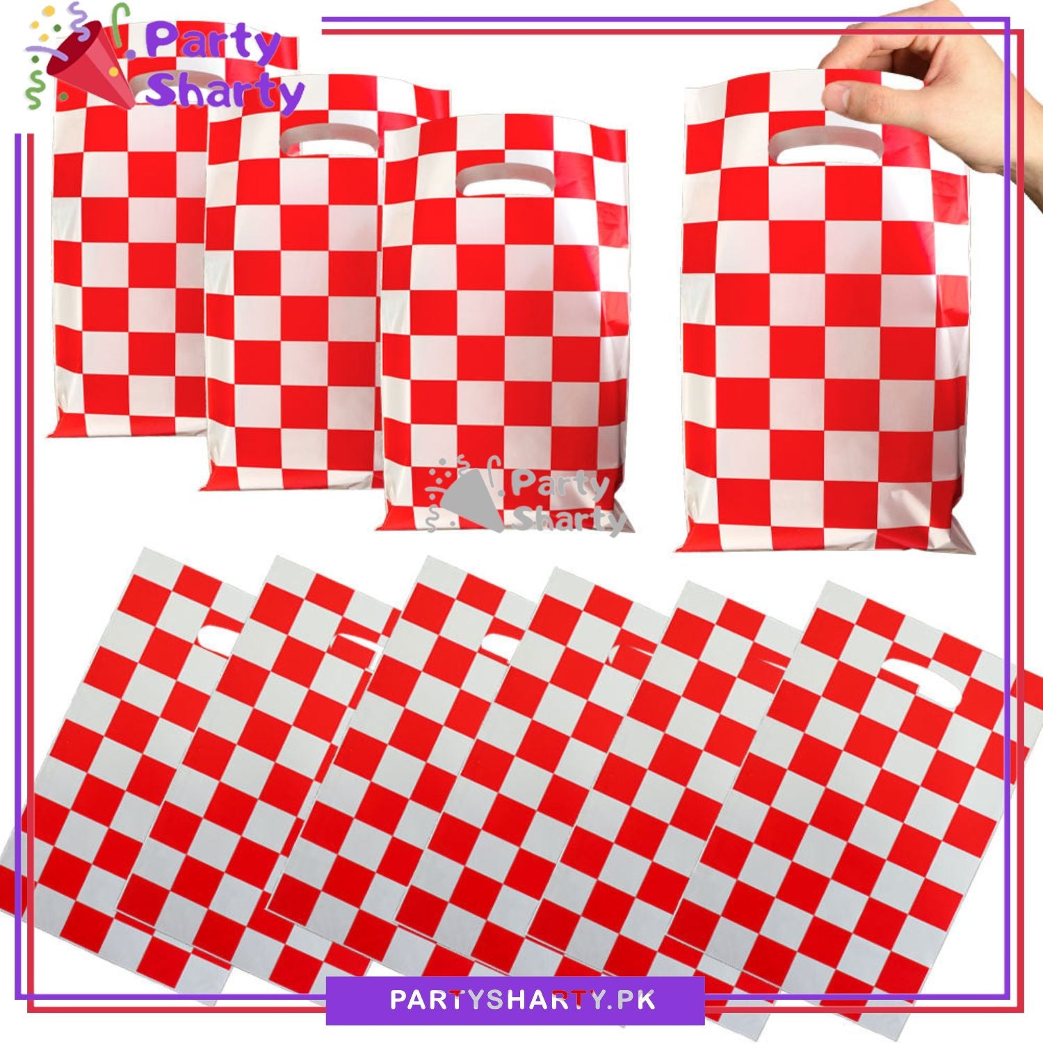 Red Checker Print Goody Bags Pack of 10 For Too Fast / Racing Car Theme Birthday Party Decoration and Celebration