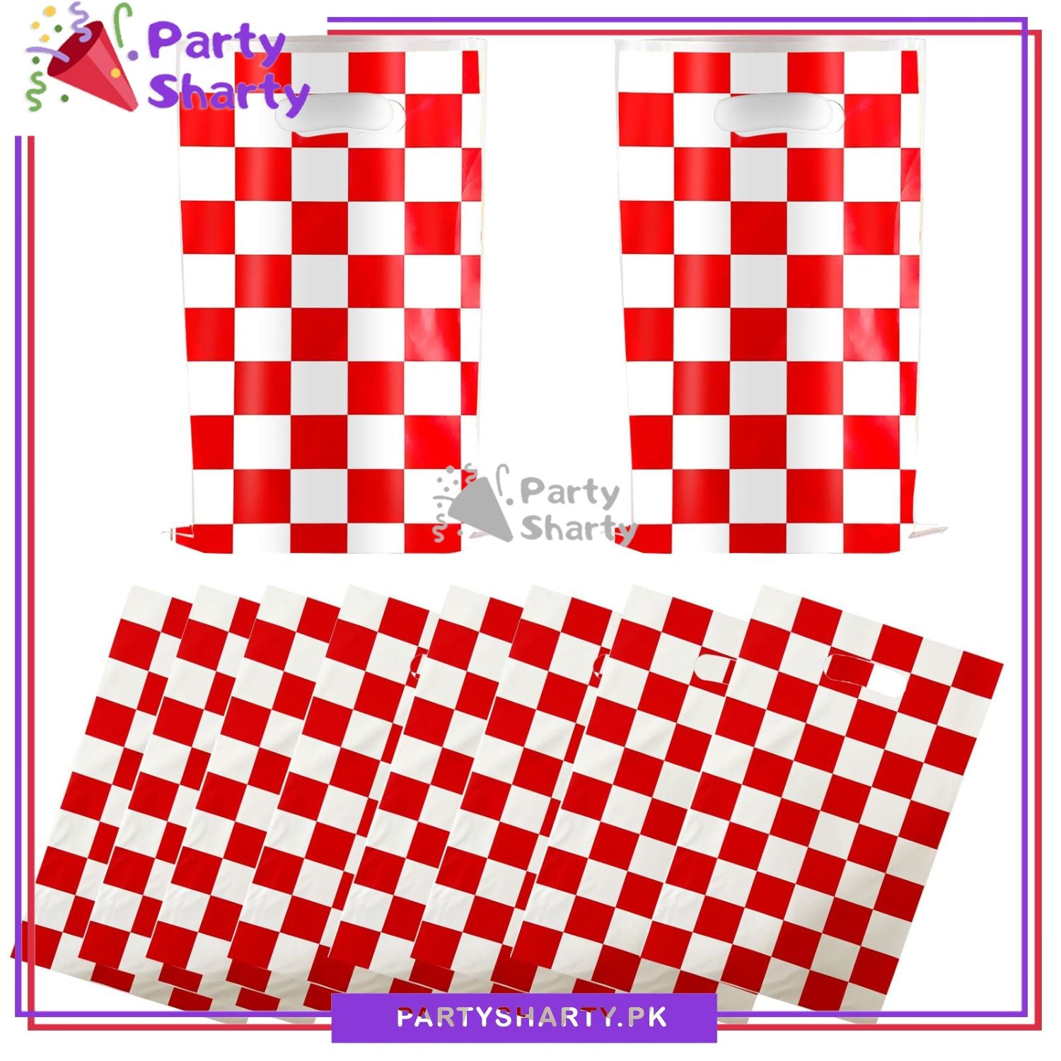 Red Checker Print Goody Bags Pack of 10 For Too Fast / Racing Car Theme Birthday Party Decoration and Celebration