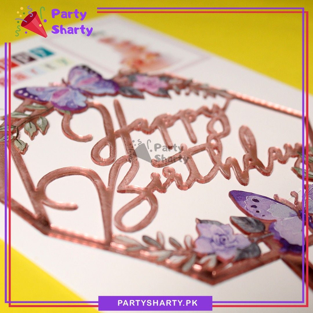 Butterfly Theme Rose Pink Happy Birthday Hexagonal Acrylic Cake Topper For Birthday Cake Decoration