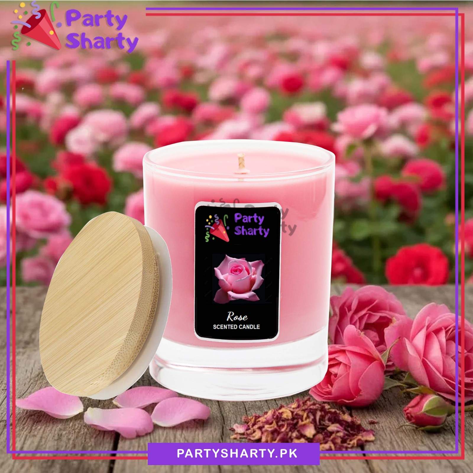 Rose Scented Candle - Glass Jar with Wooden cap