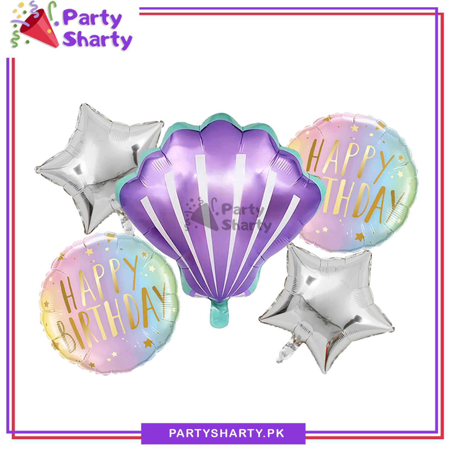 Sea Shell Foil Balloon Set - 5 Pieces For Mermaid & Under the Sea Theme Party and Decoration