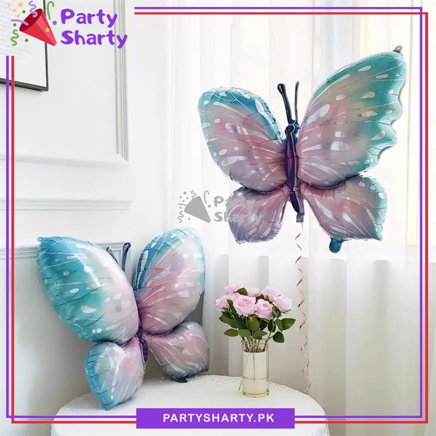 Sky Blue & Pink Shade Butterfly Foil Balloon For Butterfly Themed Birthday, Baby Shower Party and Event Decoration