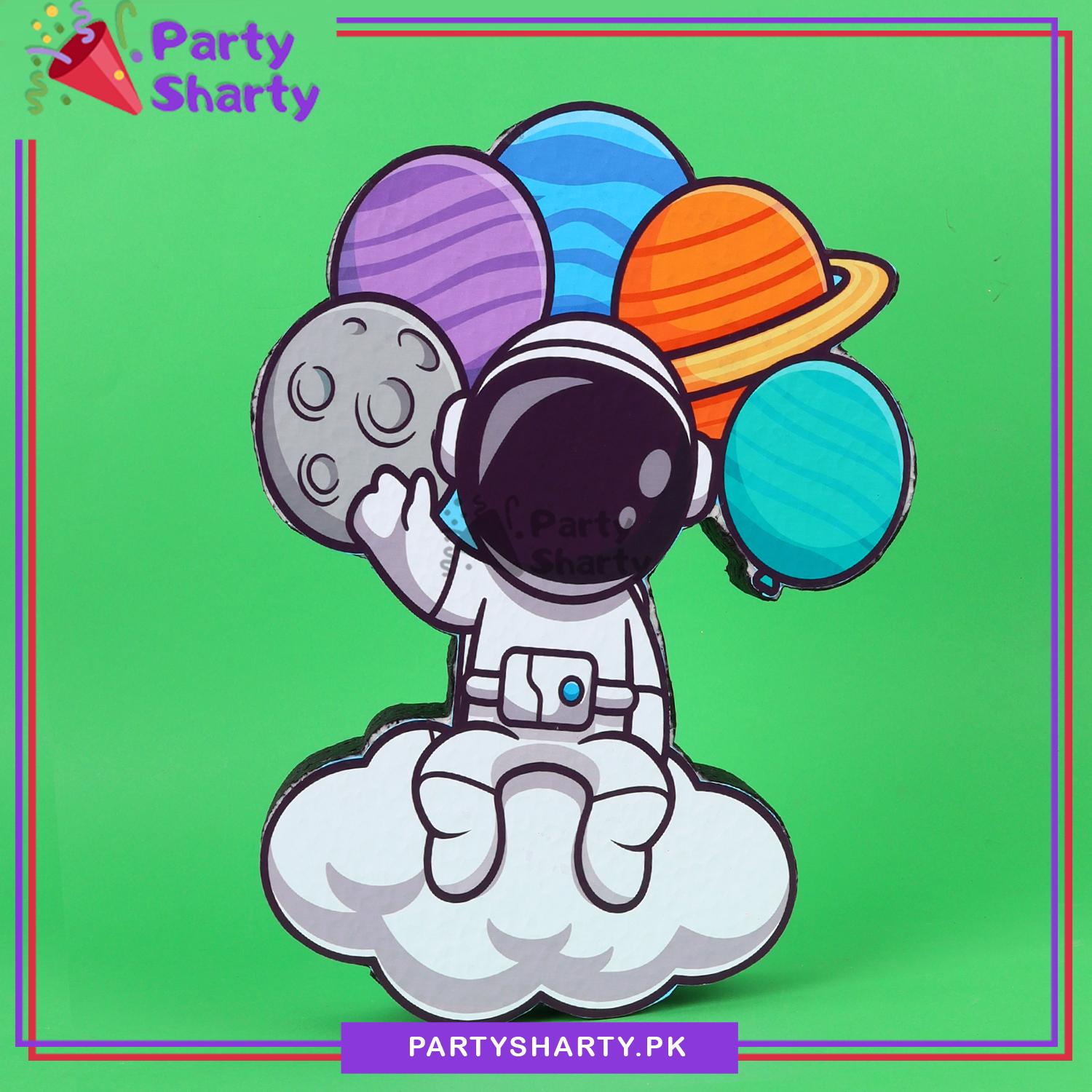 Spaceman Character with Planet Shaped Balloons Thermocol Standee For Outerspace Theme Based Birthday Celebration and Party Decoration