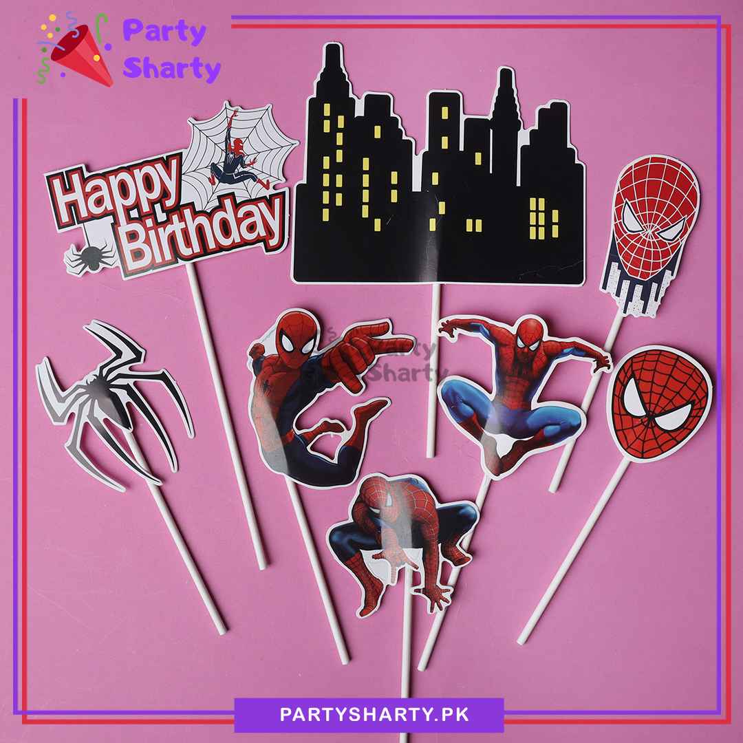 Spiderman Theme Cake Topper Set of 8 for Spiderman Theme Birthday Decoration and Celebration
