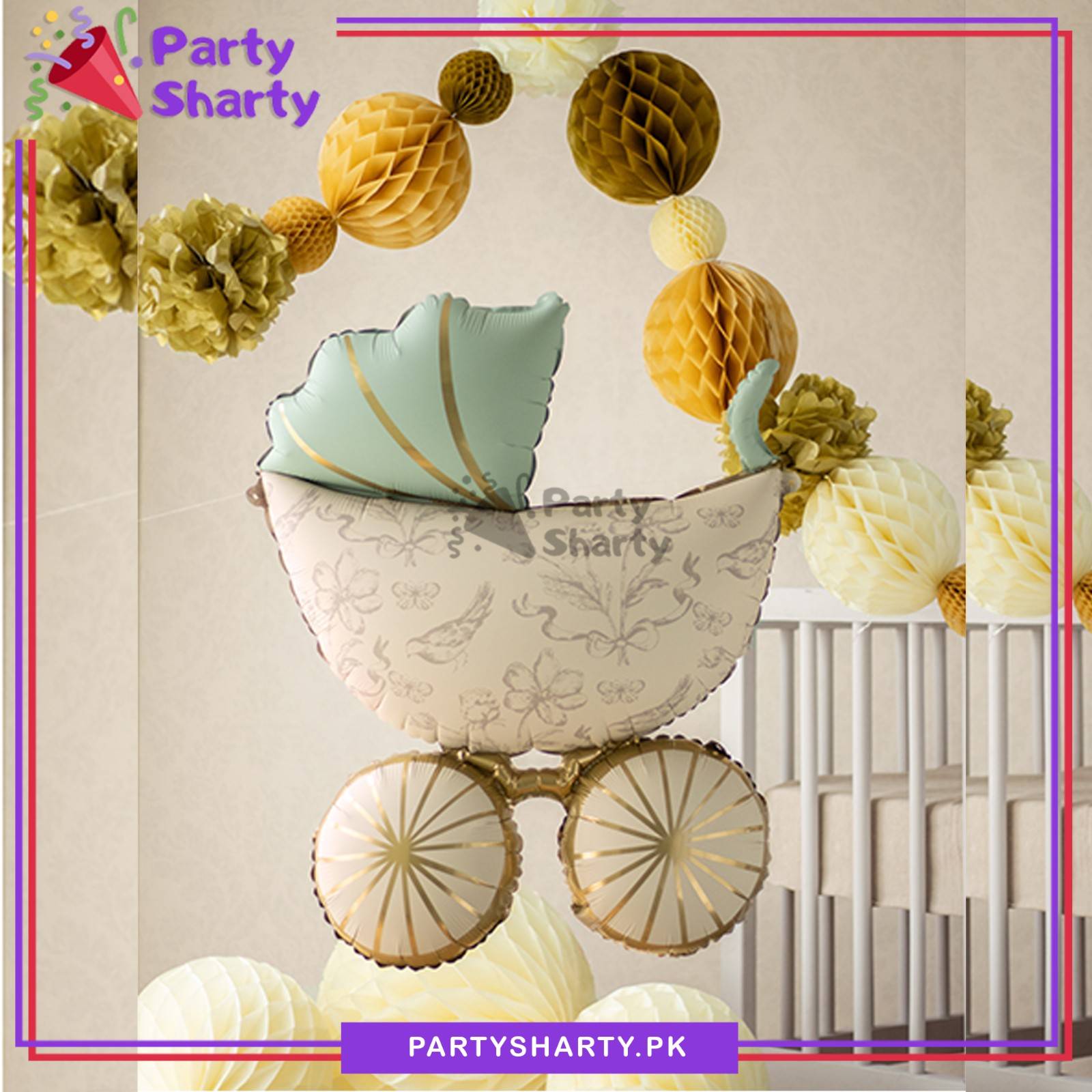 Vintage Baby Stroller Pram Shaped Foil Balloon For Baby Shower, Welcome Baby Decoration & Celebration