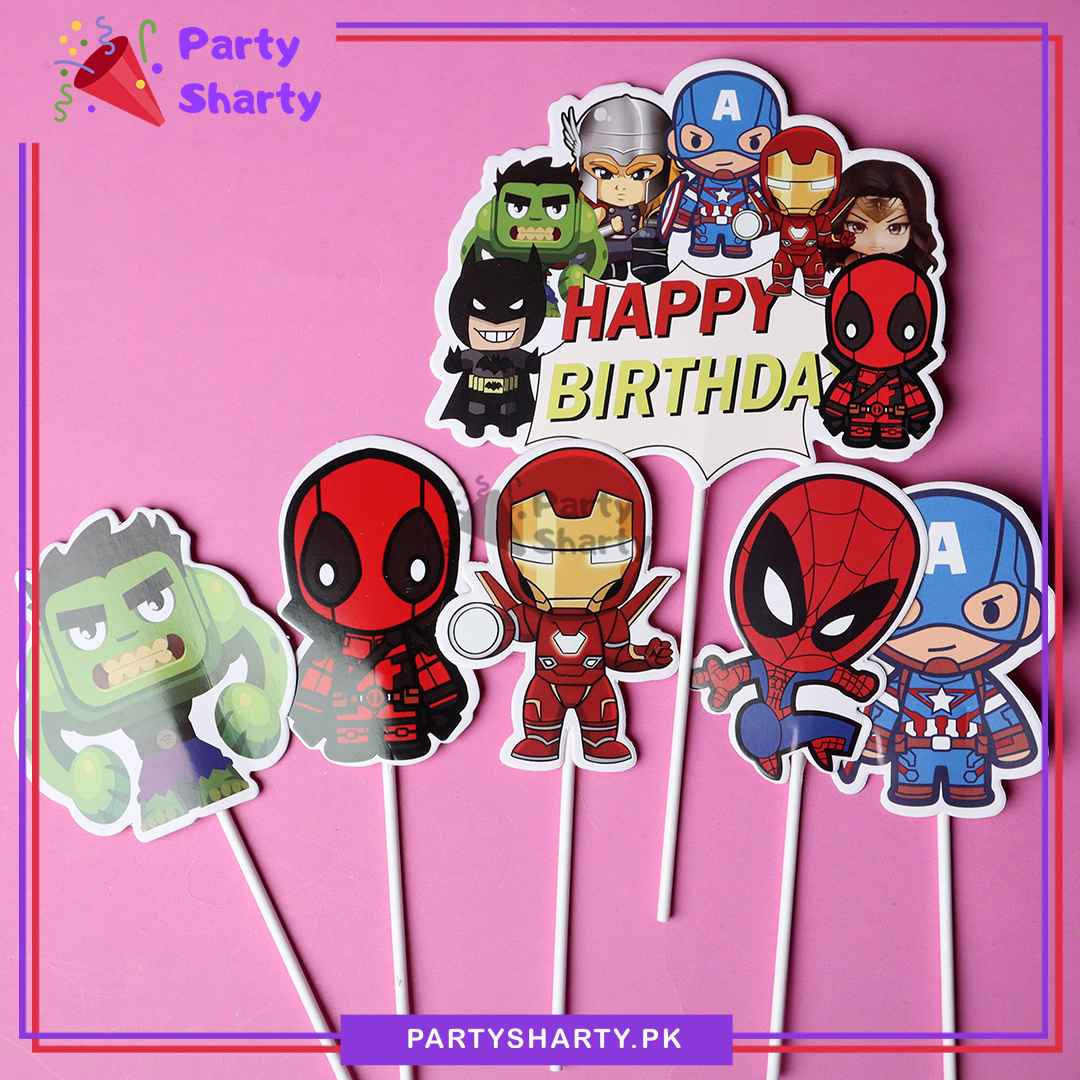 Super Hero / Avenger Theme Cake Topper Set of 6 for Super Hero Theme Birthday Decoration and Celebration