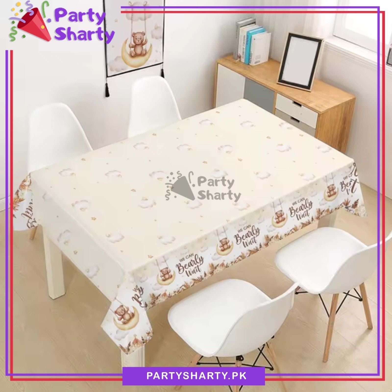 We can Bearly Wait Teddy Bear Theme Table Cover For Teddy Bear Theme Birthday Decoration & Celebration