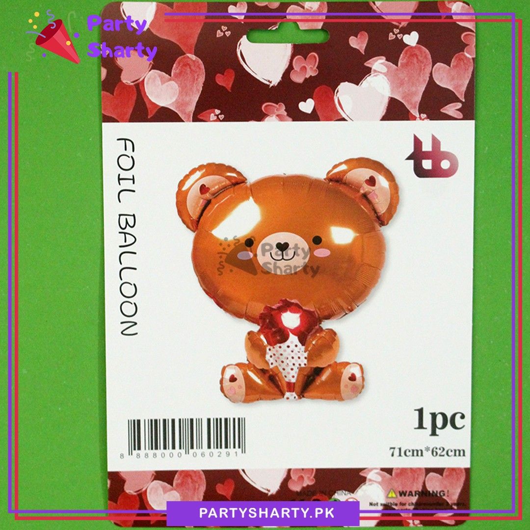 Teddy Bear with Holding Red Flower Foil Balloon For Teddy Bear Theme Party Celebration