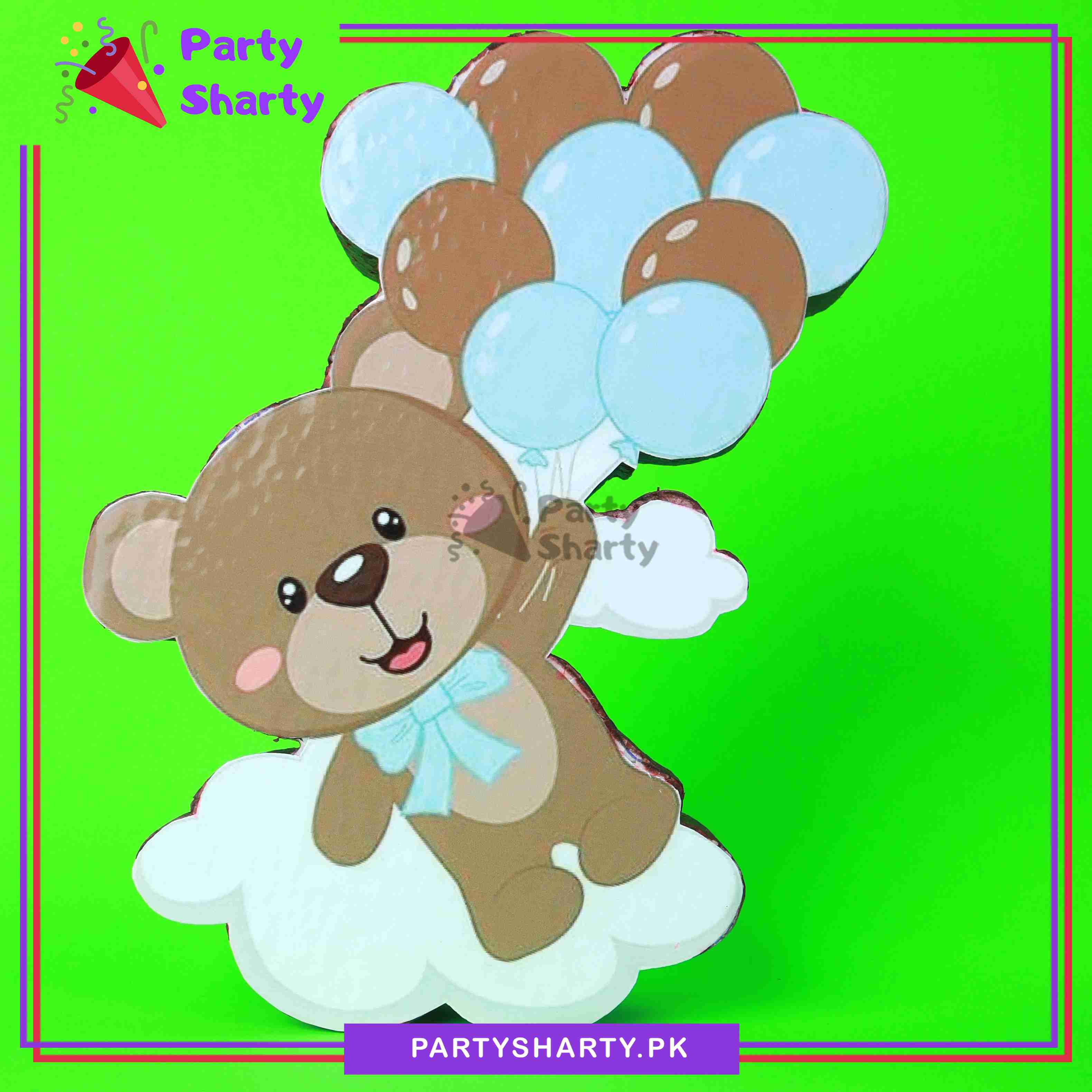 Teddy Bear With Blue & Brown Balloons Thermocol Standee For Teddy Bear Theme Based Birthday Celebration and Party Decoration