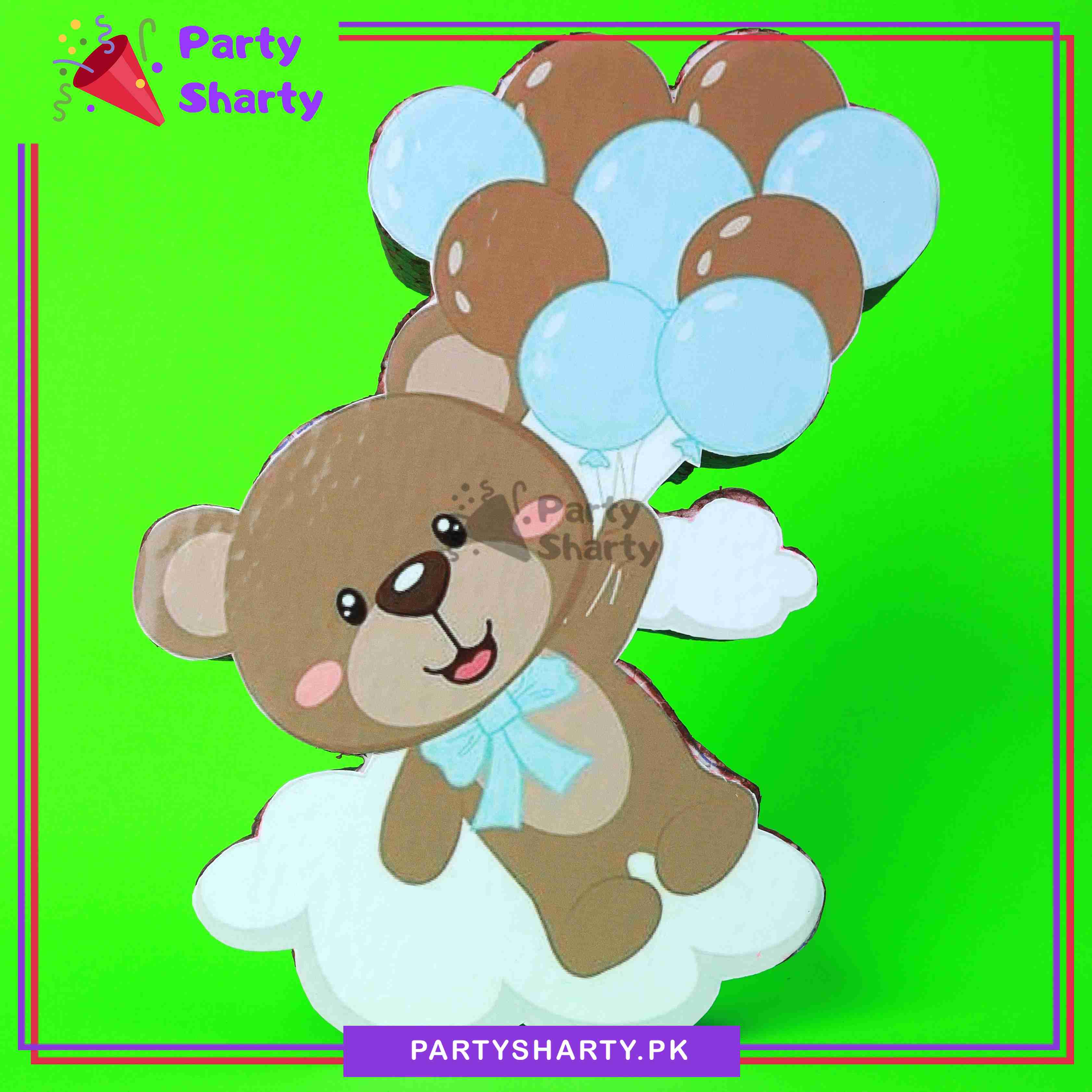 Teddy Bear With Blue & Brown Balloons Thermocol Standee For Teddy Bear Theme Based Birthday Celebration and Party Decoration