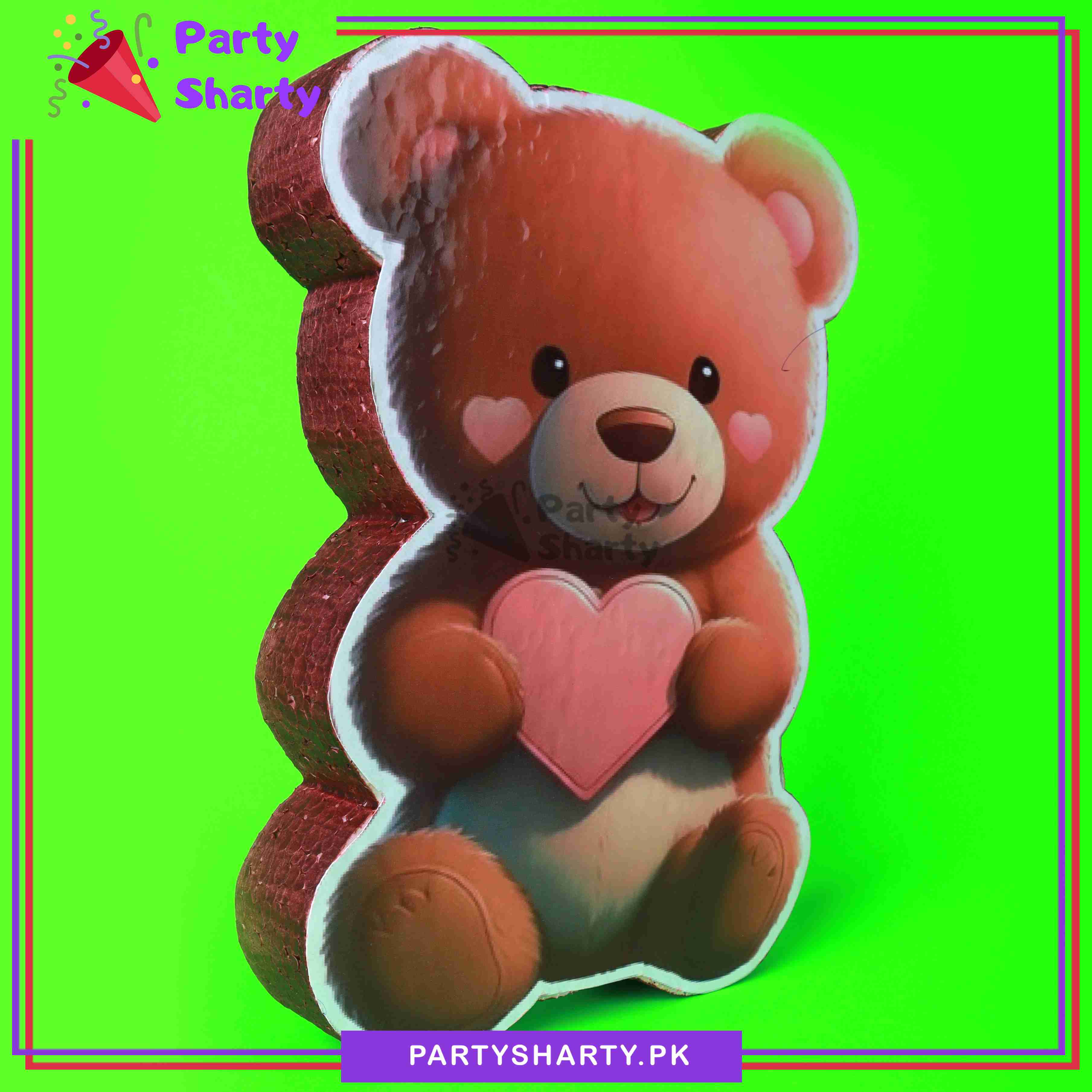 Teddy Bear with Pink Heart Character Thermocol Standee For Teddy Bear Theme Based Birthday Celebration and Party Decoration