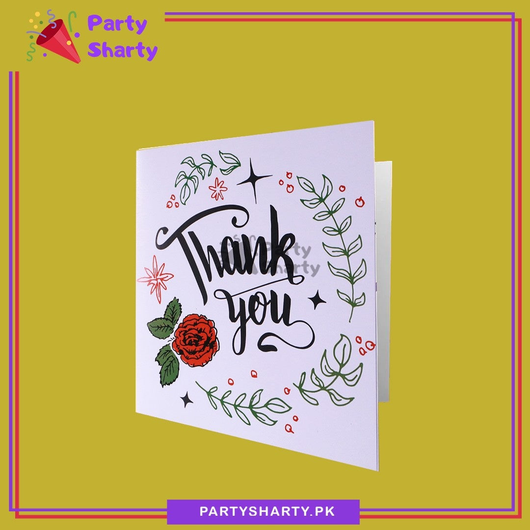Thank You With Red Rose Flowers & Green Leaves Printed Greeting Card