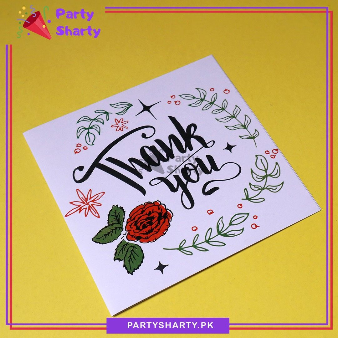 Thank You With Red Rose Flowers & Green Leaves Printed Greeting Card