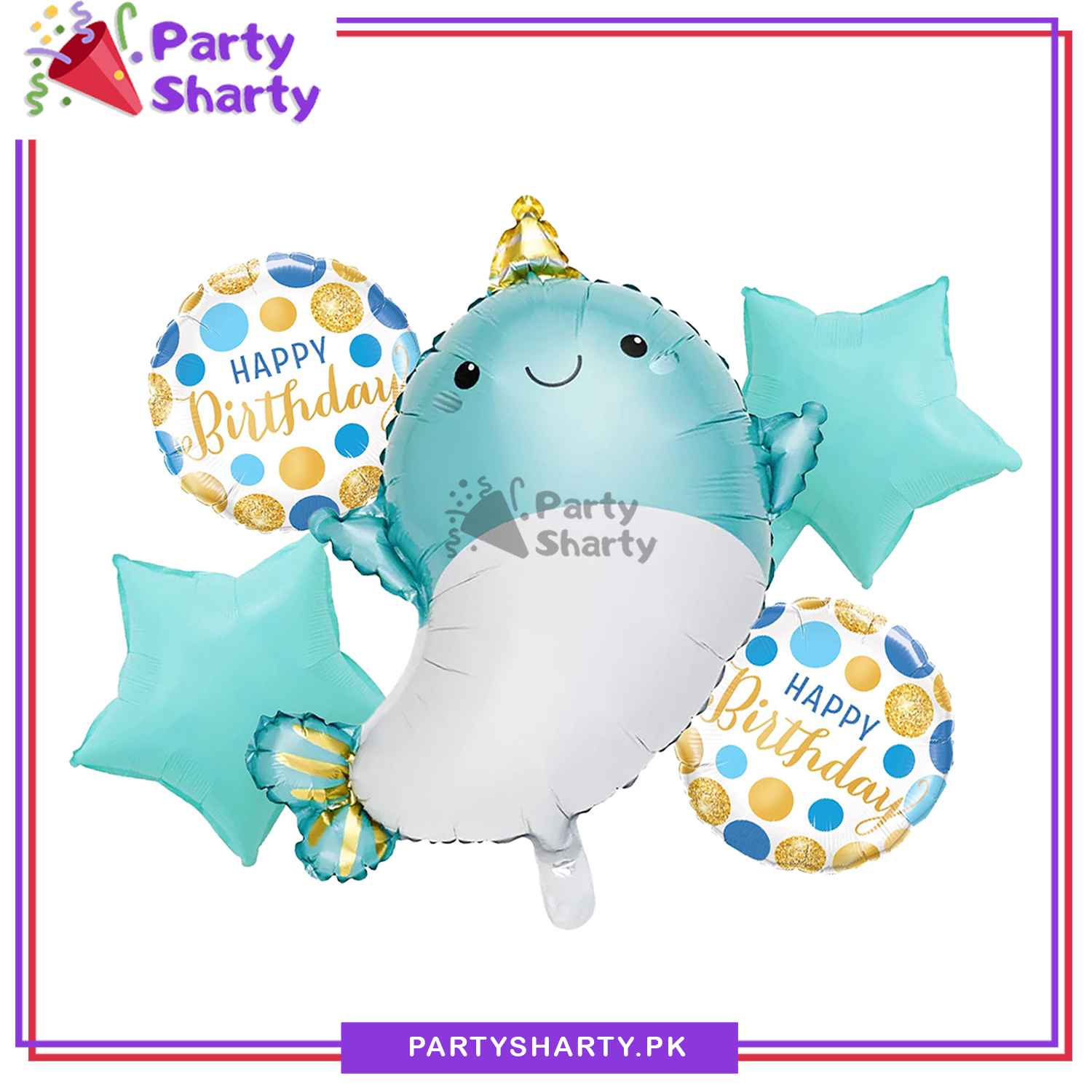 Underwater Theme Fish Narwhale Baby Whale Shaped Foil Balloon set of 5 For Birthday Decoration and Celebrations
