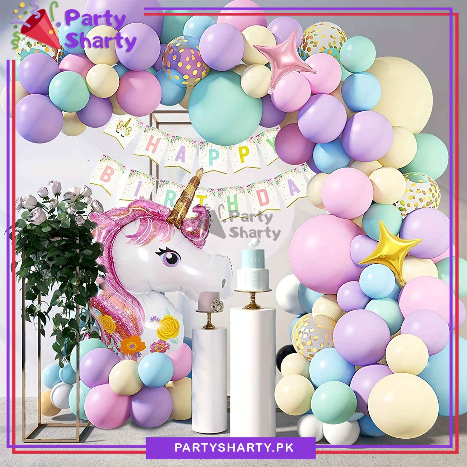 100pcs Happy Birthday Pastel Multi Unicorn Theme Set For Birthday Decoration and Party Celebrations