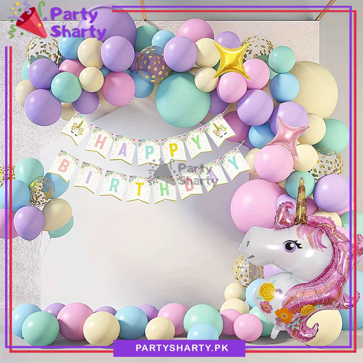 100pcs Happy Birthday Pastel Multi Unicorn Theme Set For Birthday Decoration and Party Celebrations